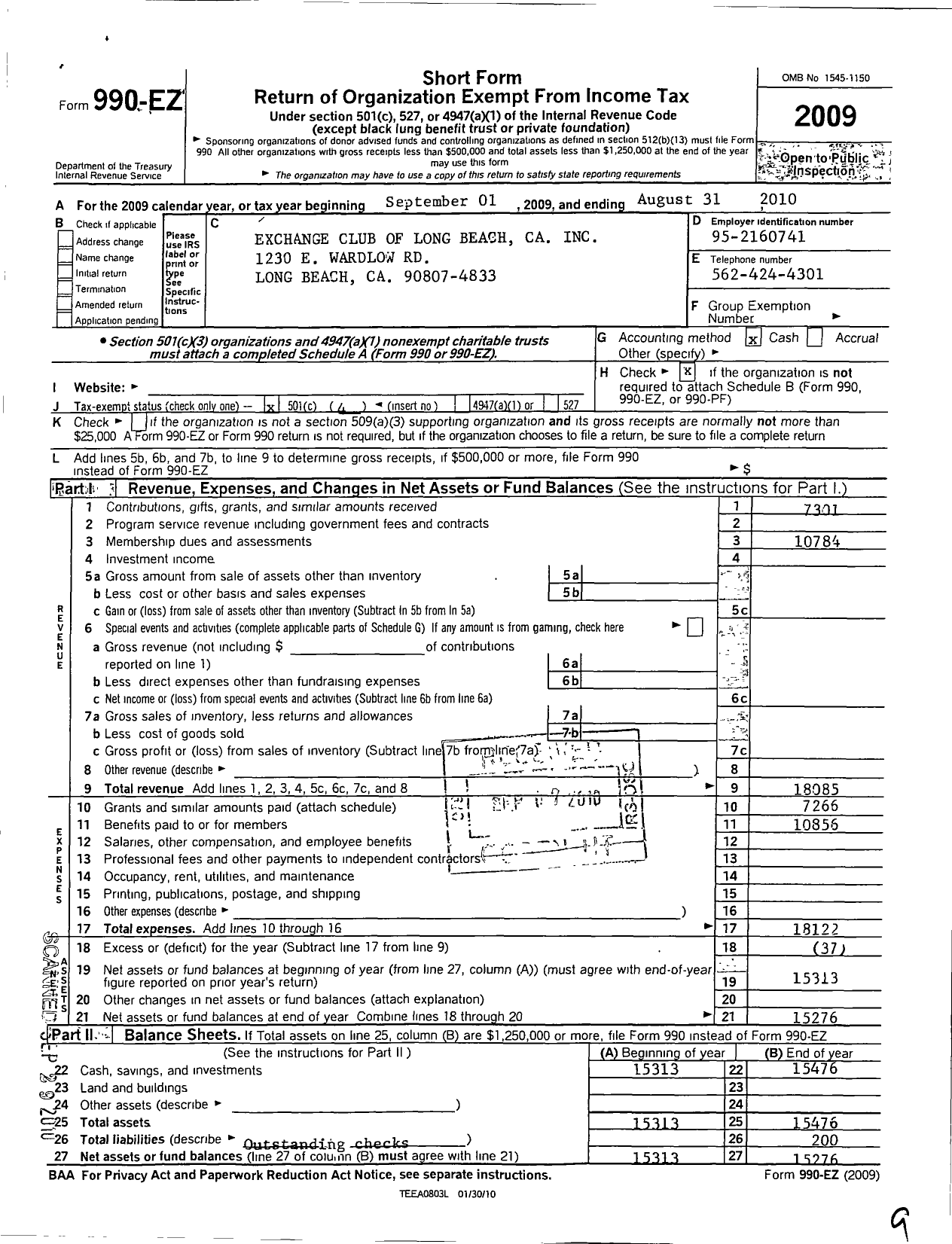 Image of first page of 2009 Form 990EO for National Exchange Club - 1136 Long Beach Ca