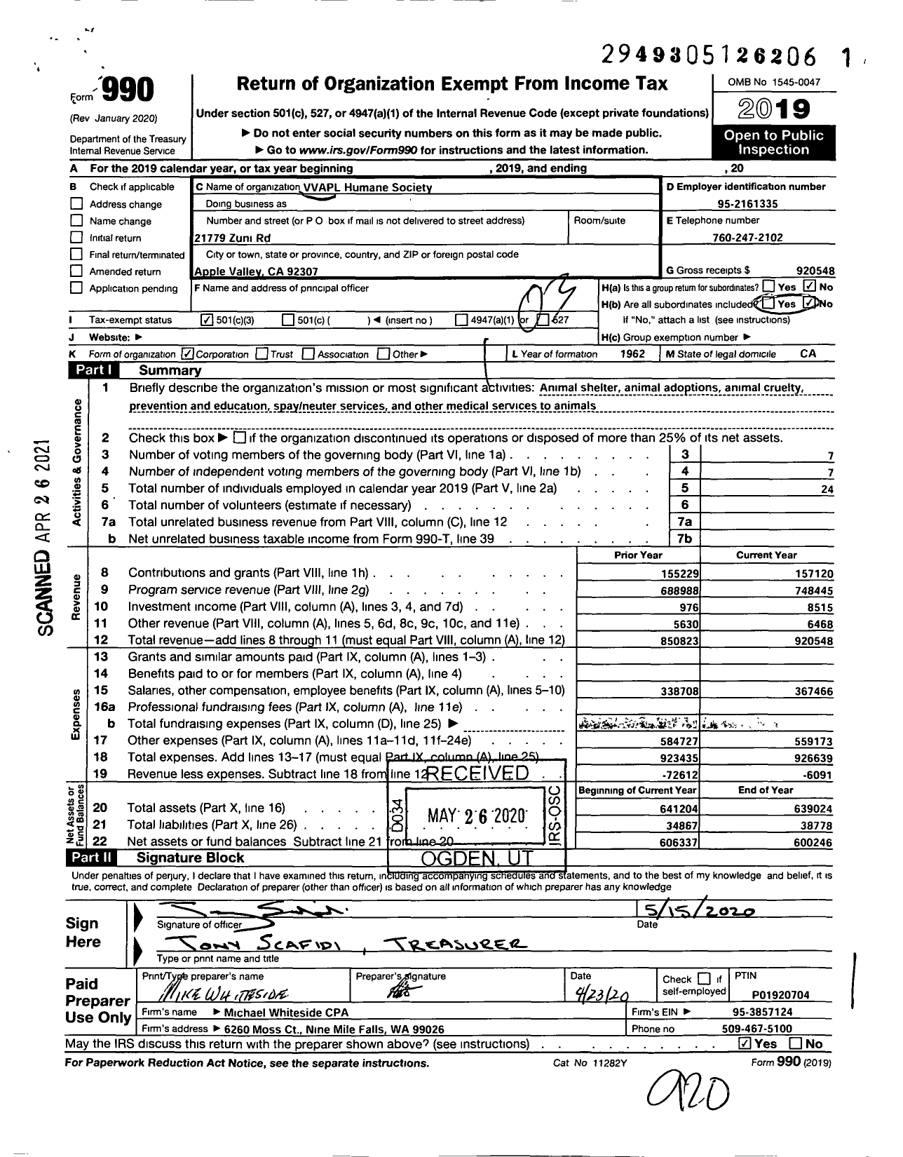 Image of first page of 2019 Form 990 for Victor Valley Animal Protection League (VVAPL)