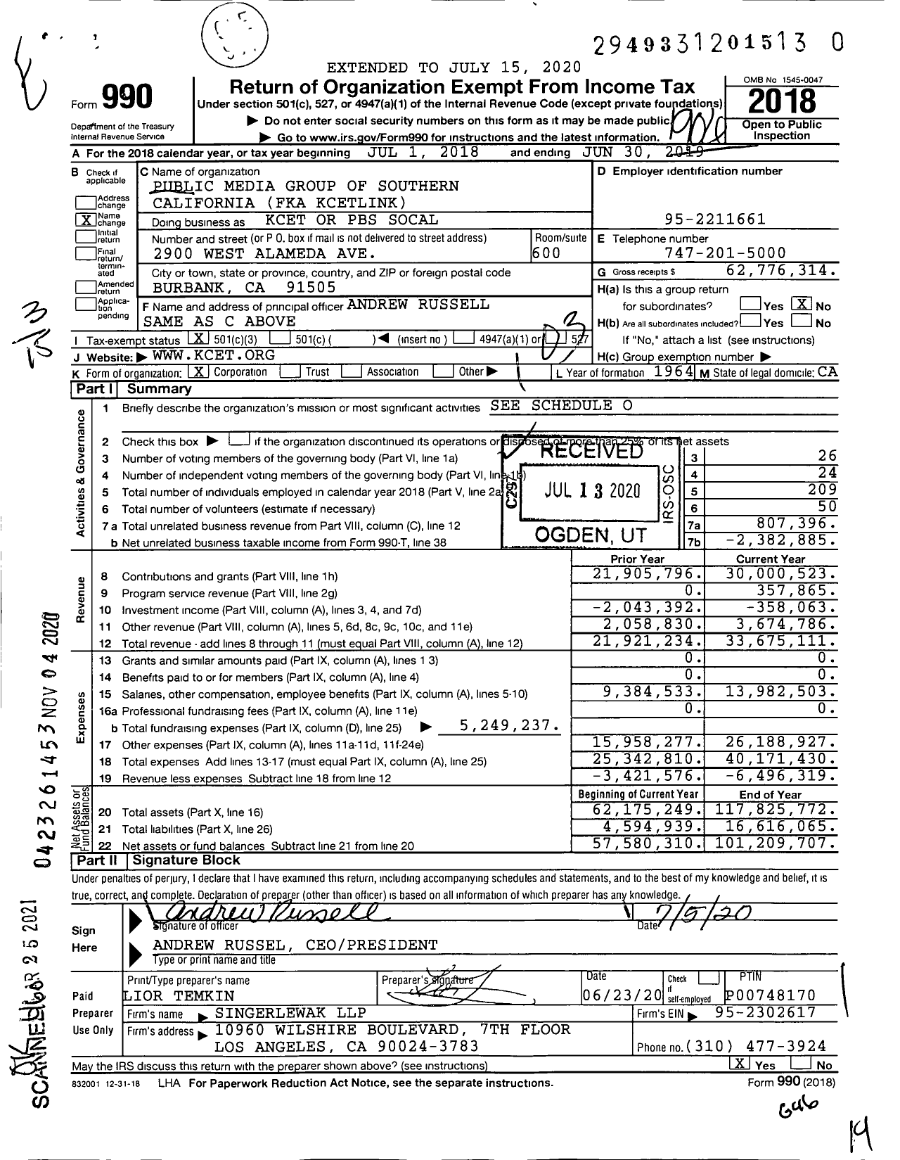 Image of first page of 2018 Form 990 for Kcet PBS Socal Or Link TV