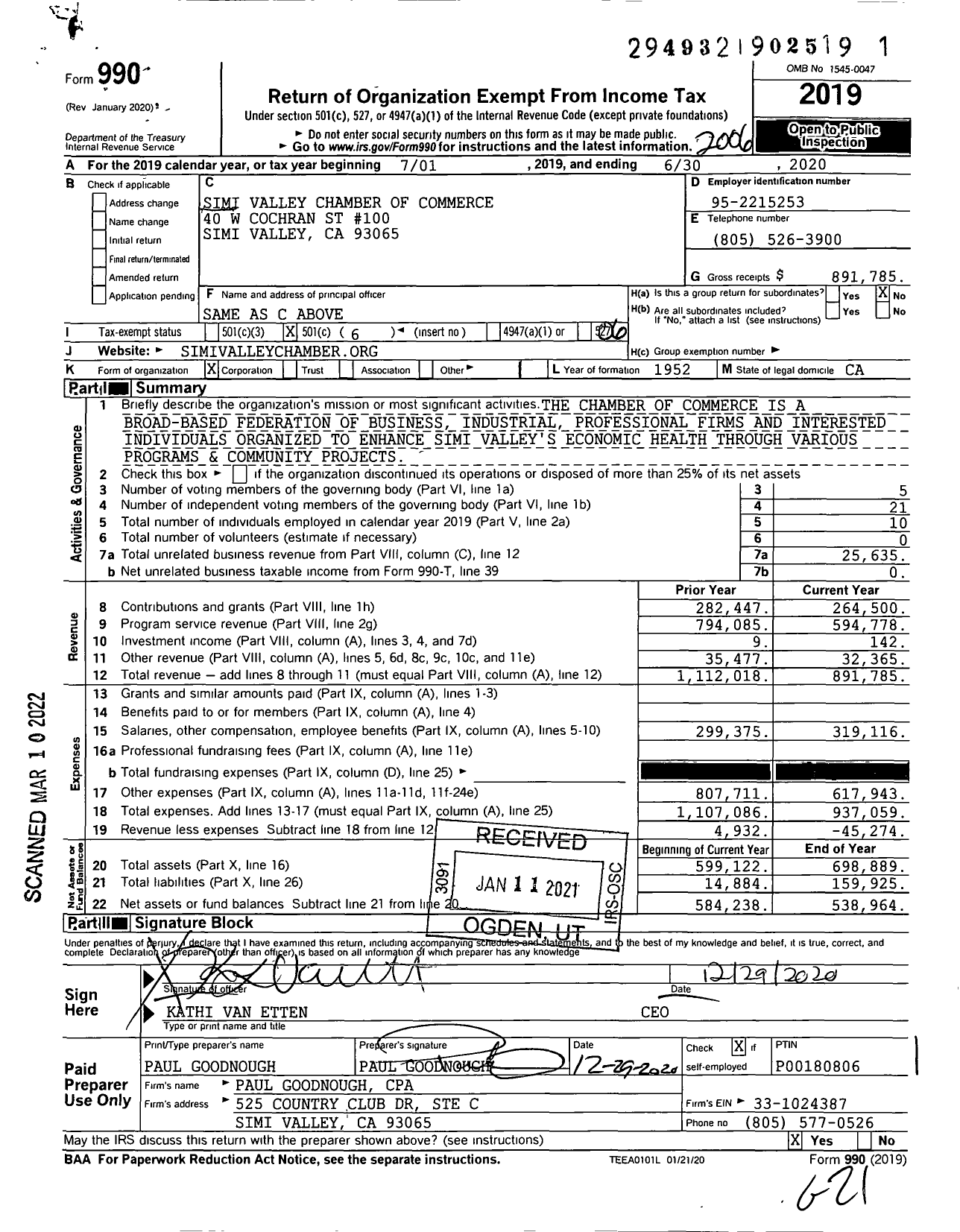 Image of first page of 2019 Form 990O for Simi Valley Chamber of Commerce