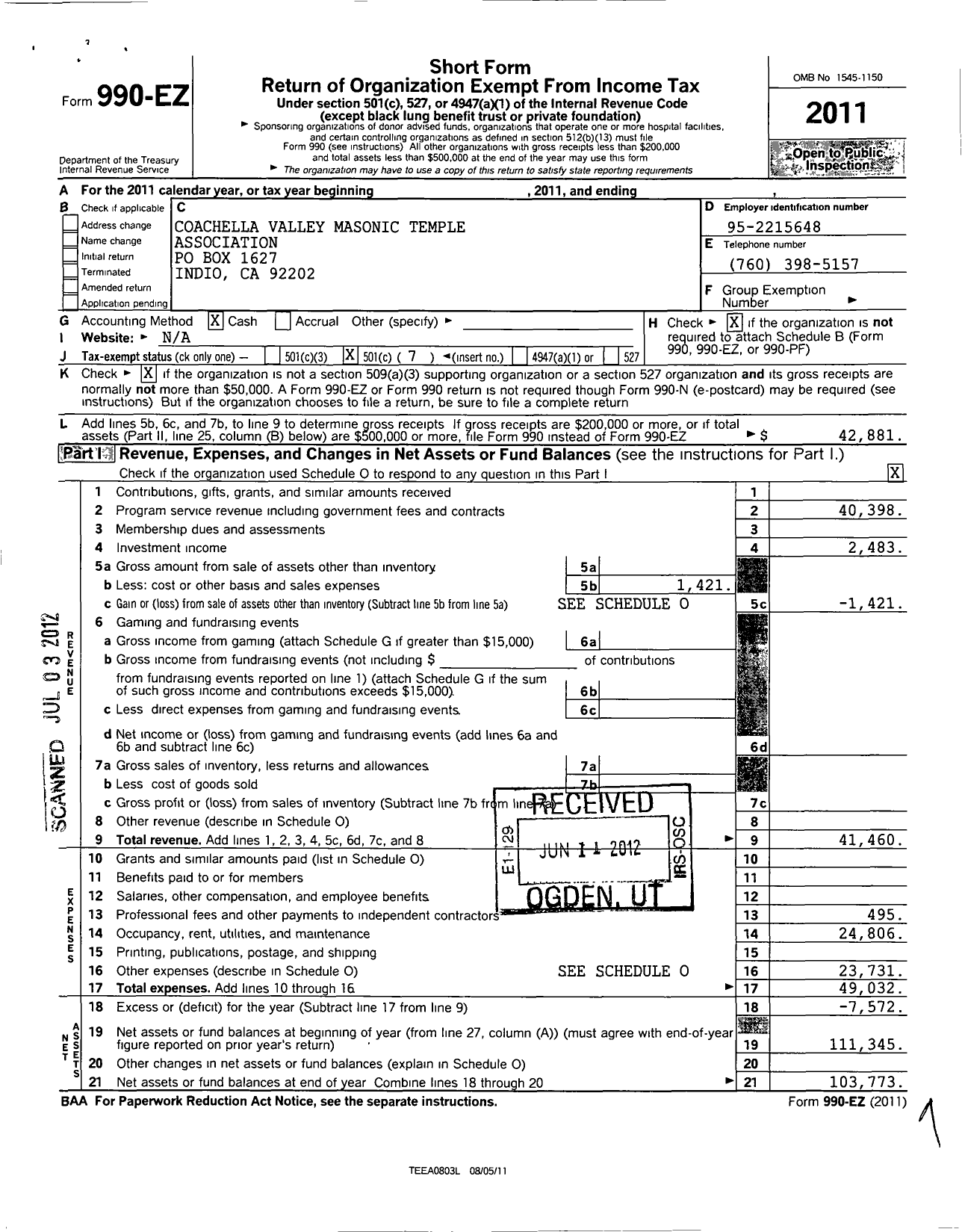 Image of first page of 2011 Form 990EO for Coachella Valley Masonic Temple Association