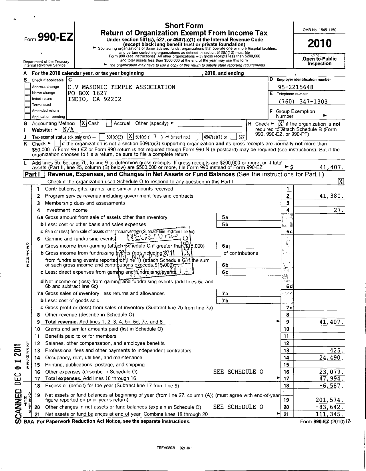 Image of first page of 2010 Form 990EO for Coachella Valley Masonic Temple Association