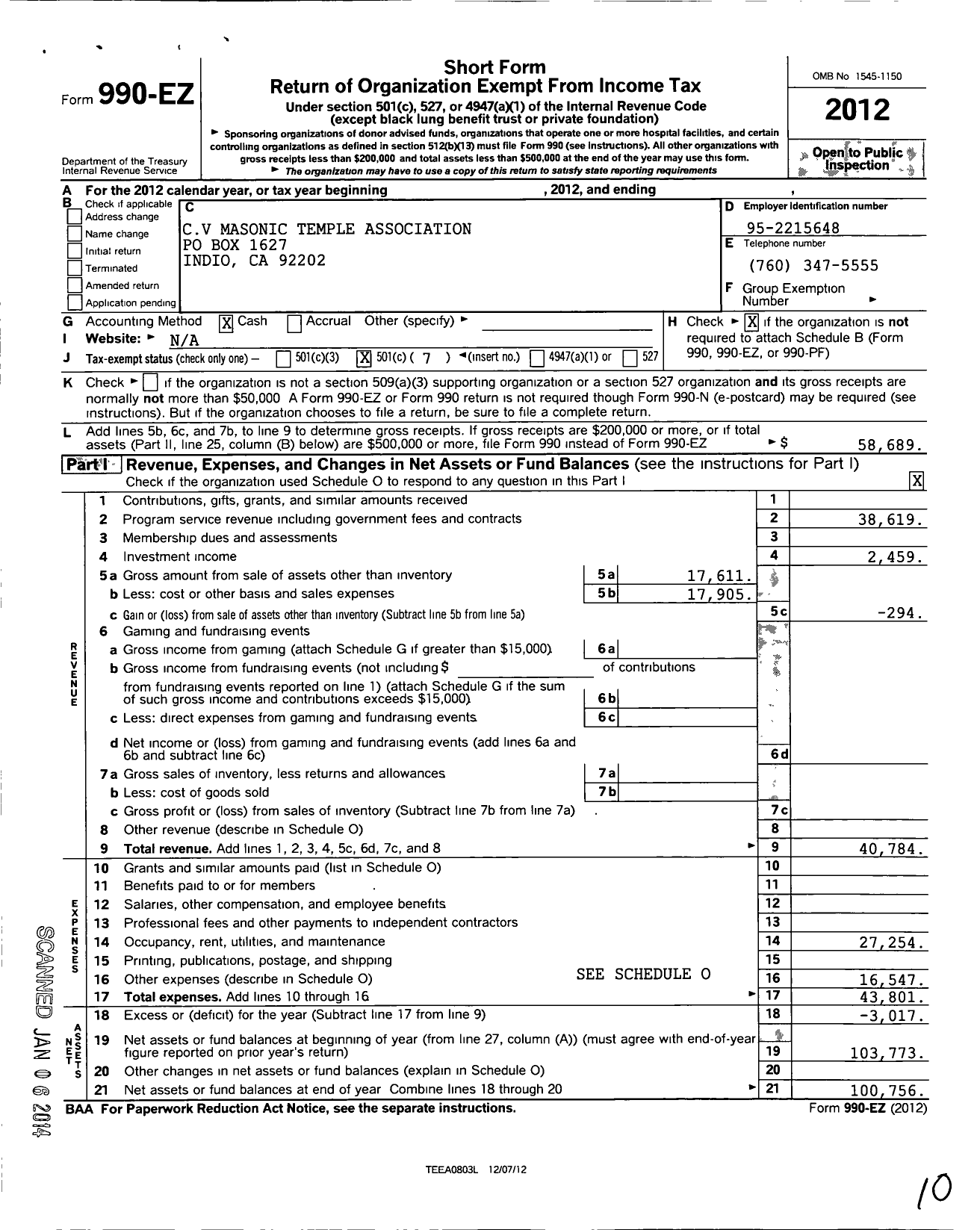 Image of first page of 2012 Form 990EO for Coachella Valley Masonic Temple Association