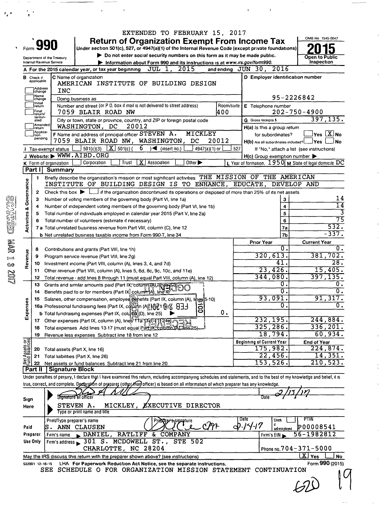 Image of first page of 2015 Form 990O for American Institute of Building Design