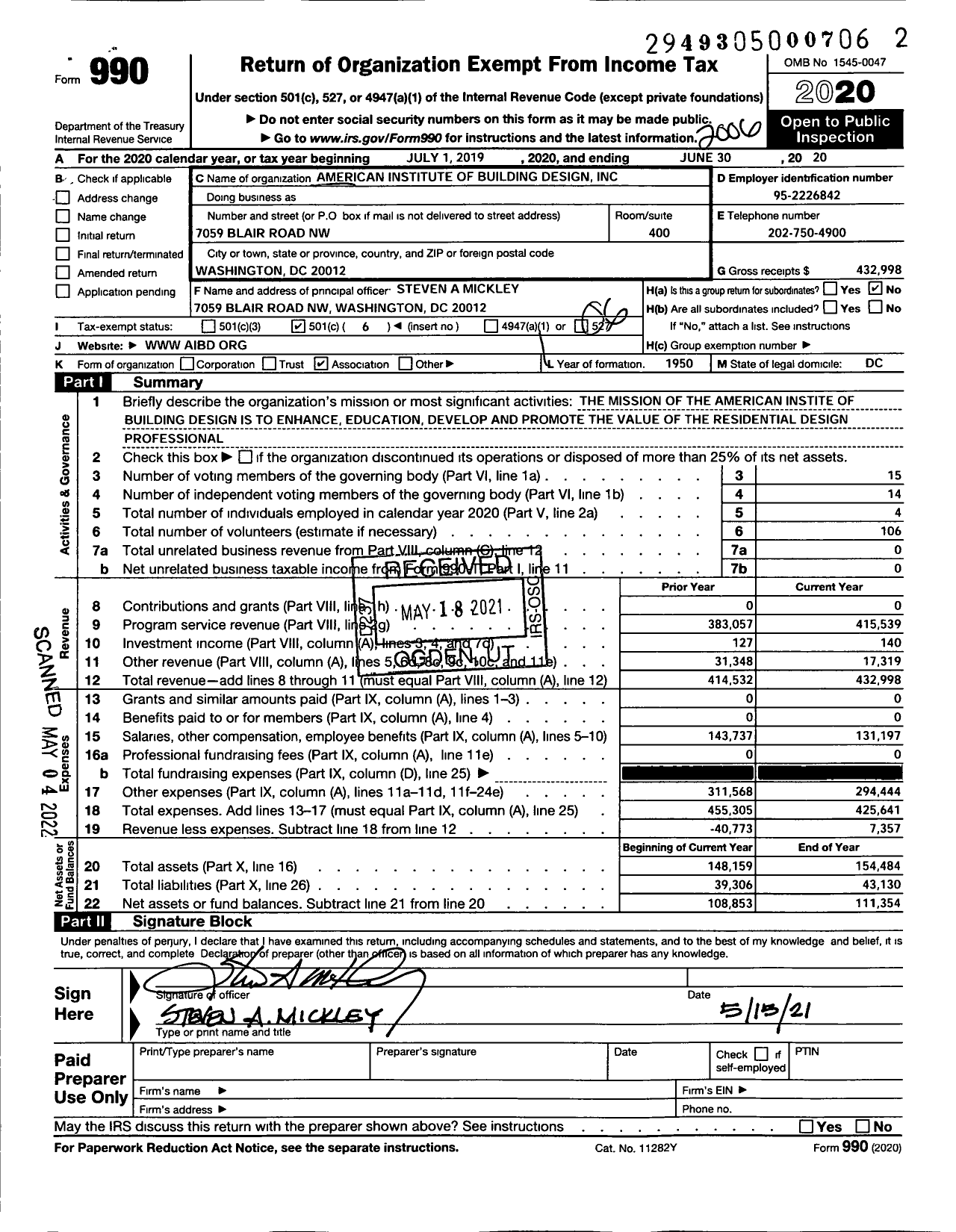 Image of first page of 2019 Form 990O for American Institute of Building Design