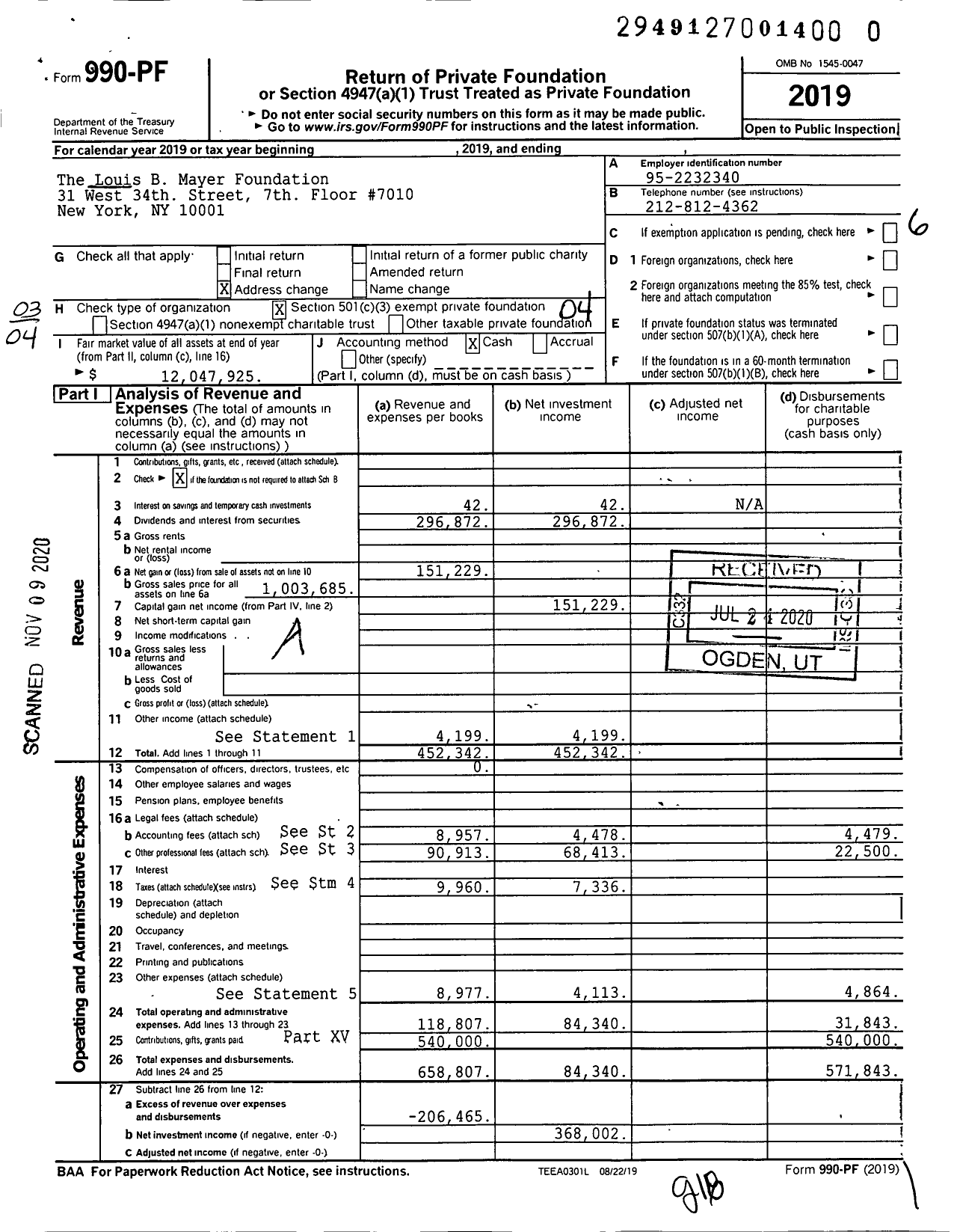 Image of first page of 2019 Form 990PF for The Louis B Mayer Foundation