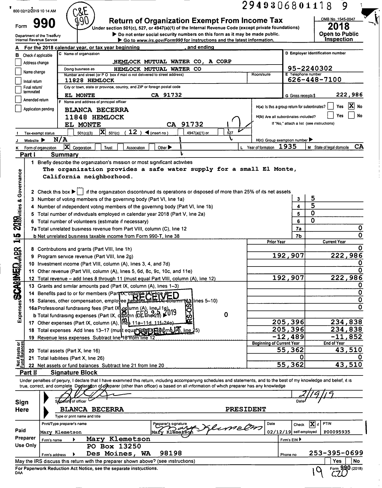Image of first page of 2018 Form 990O for Hemlock Mutual Watrer Company