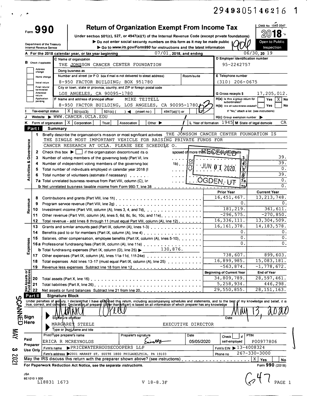 Image of first page of 2018 Form 990 for Jonsson Cancer Center Foundation (JCCF)