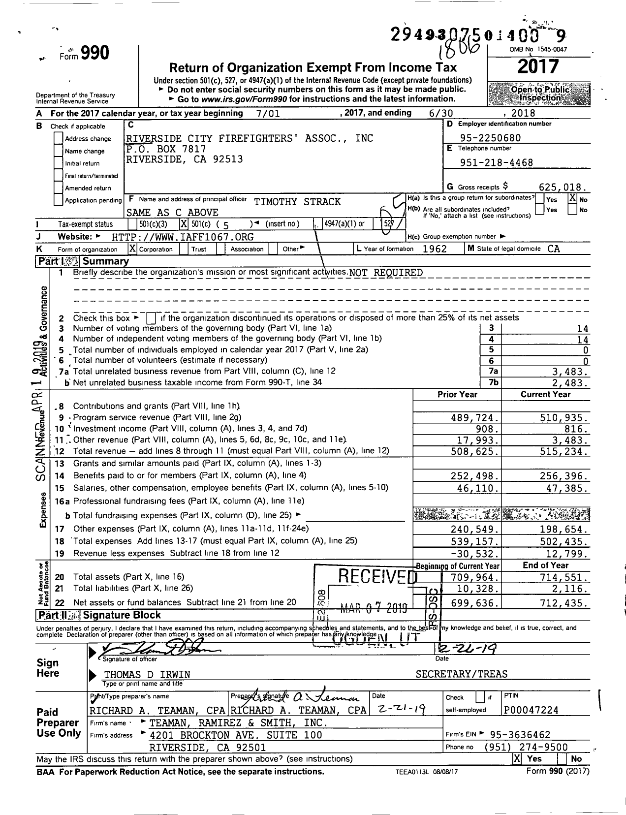 Image of first page of 2017 Form 990O for Riverside City Firefighters' Association
