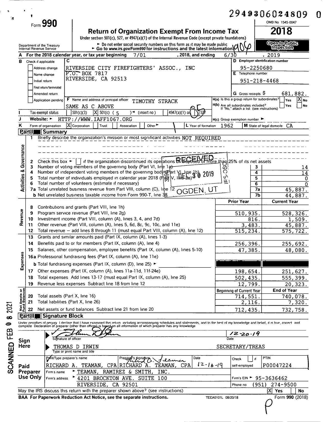 Image of first page of 2018 Form 990O for Riverside City Firefighters' Association
