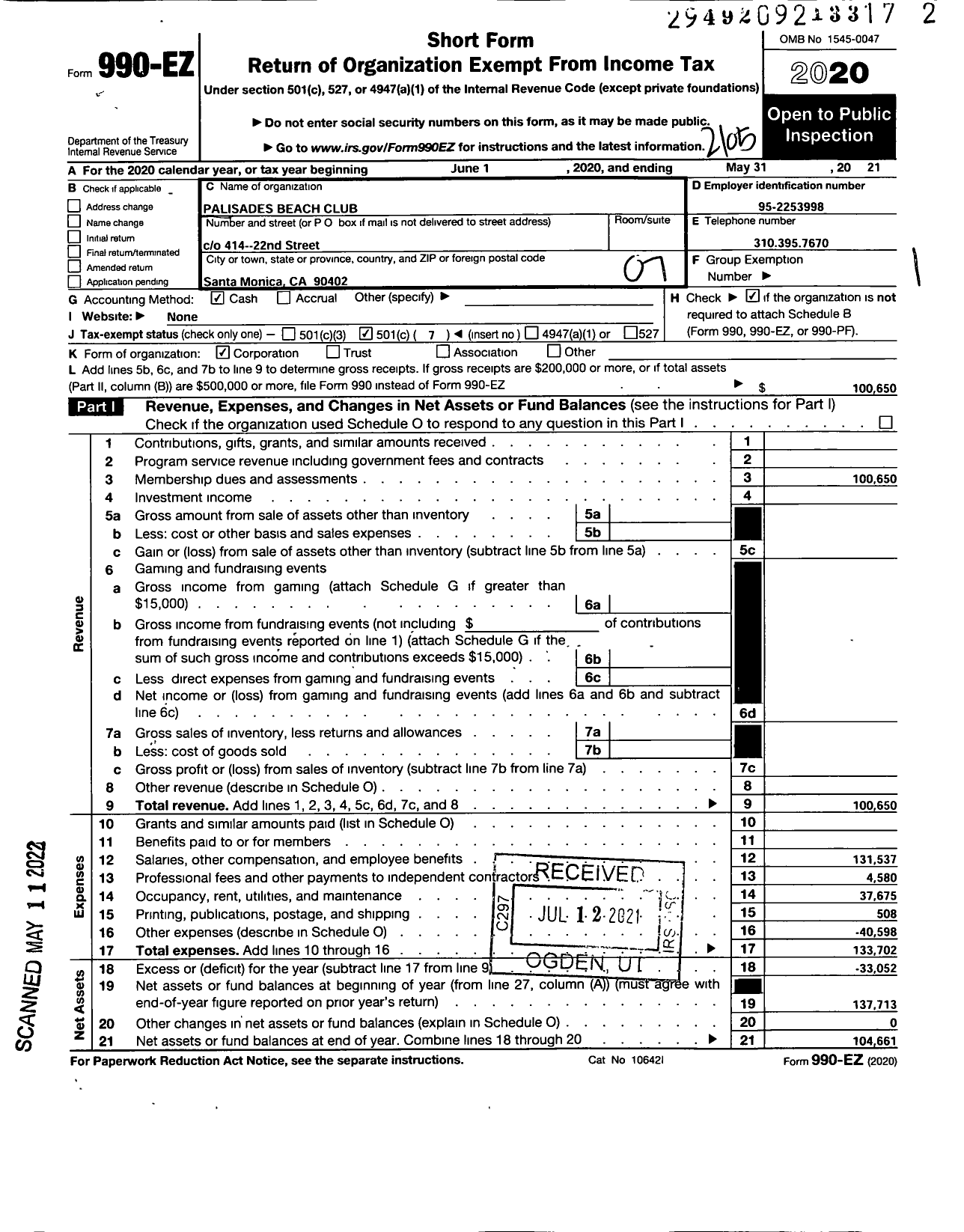 Image of first page of 2020 Form 990EO for Palisades Beach Club