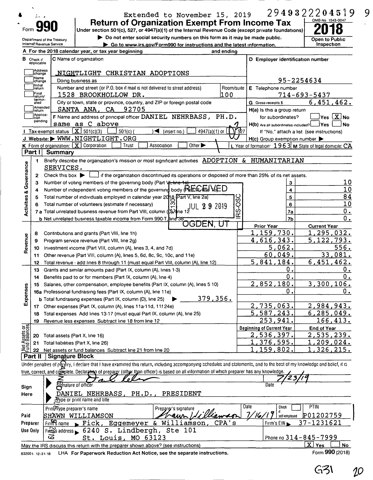 Image of first page of 2018 Form 990 for Nightlight Christian Adoptions