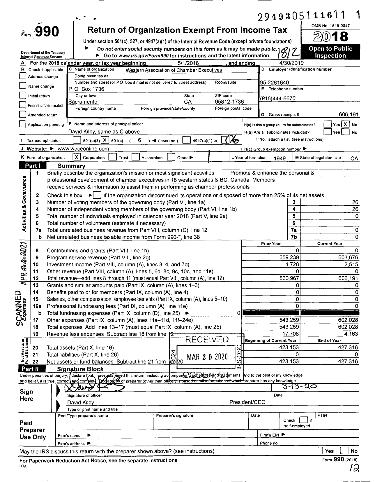 Image of first page of 2018 Form 990O for Western Association of Chamber Executives