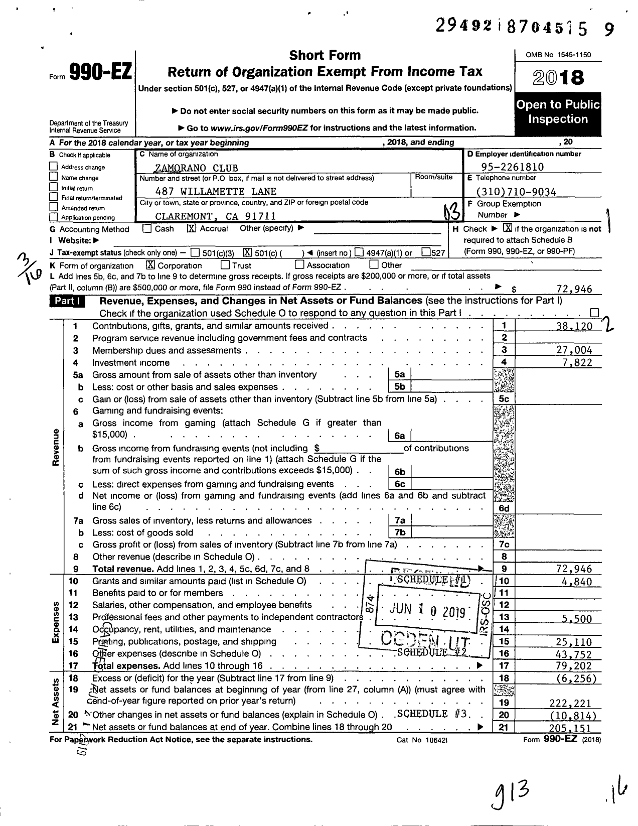 Image of first page of 2018 Form 990EZ for Zamorano Club