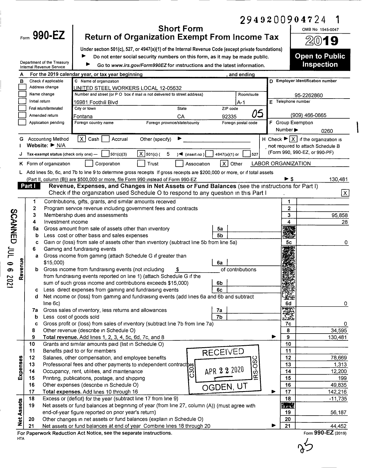 Image of first page of 2019 Form 990EO for United Steelworkers - 05632 Local