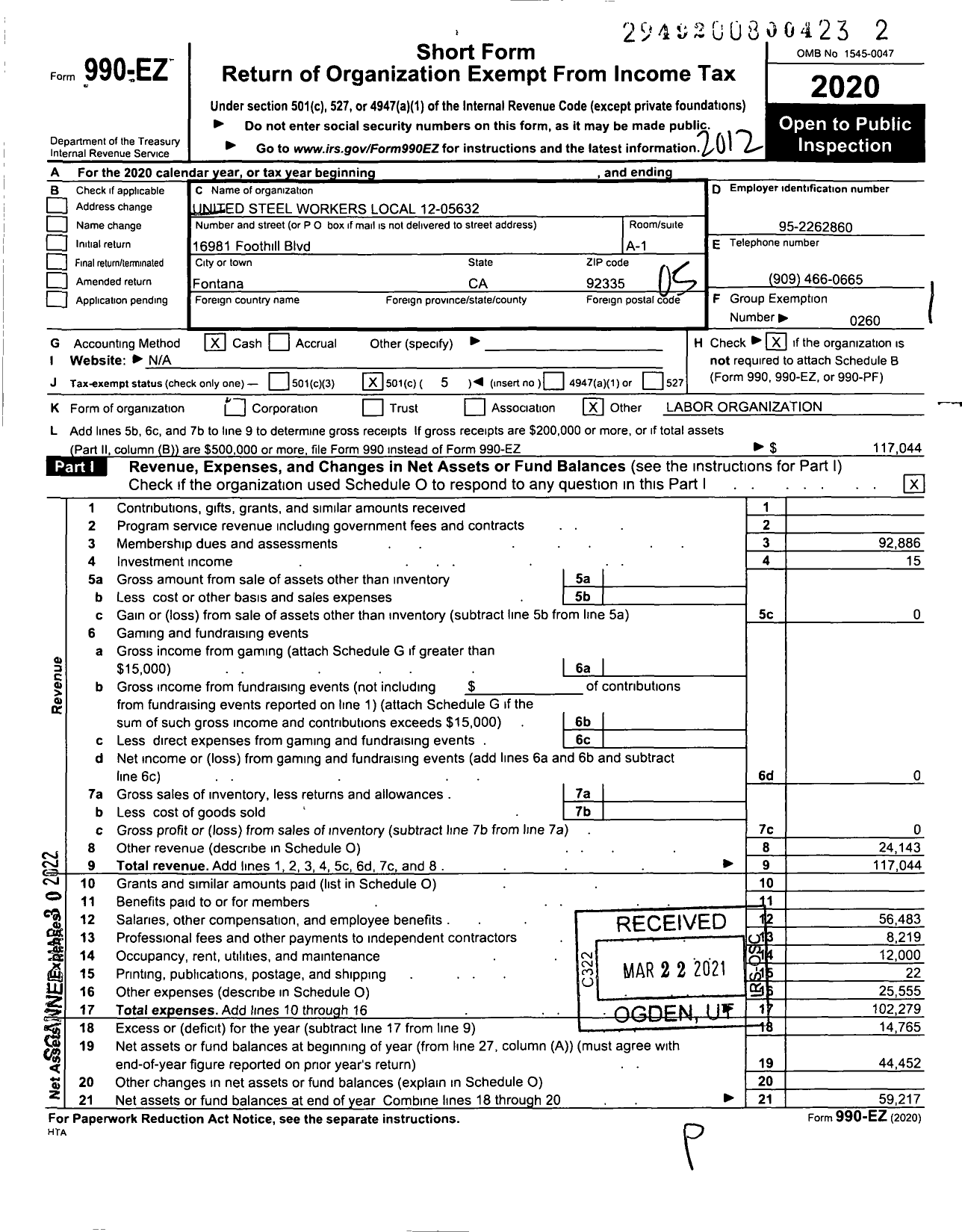 Image of first page of 2020 Form 990EO for United Steelworkers - 05632 Local