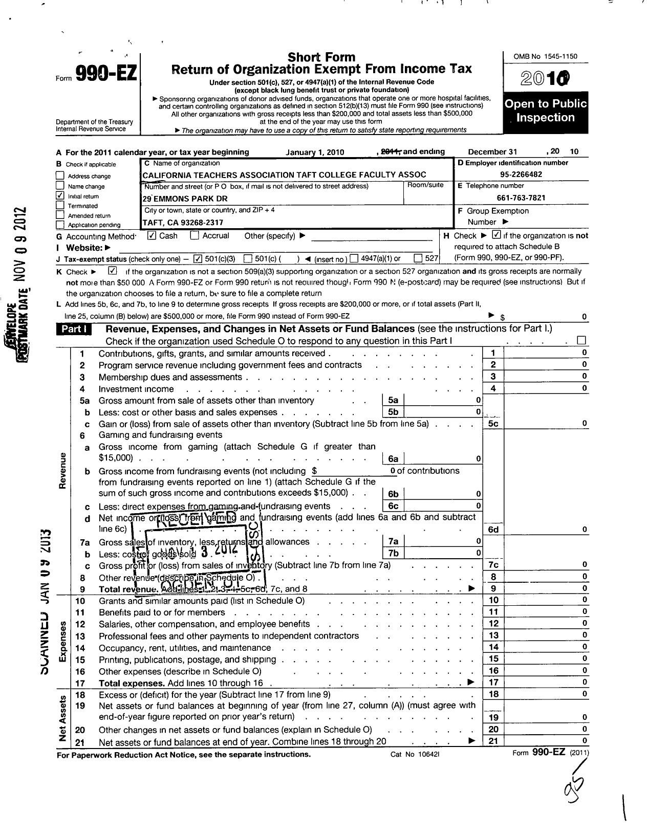 Image of first page of 2010 Form 990EZ for California Teachers Association - Taft College Staff Assoc