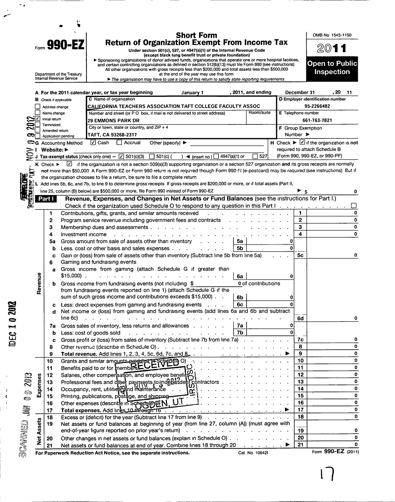 Image of first page of 2011 Form 990EZ for California Teachers Association - Taft College Staff Assoc