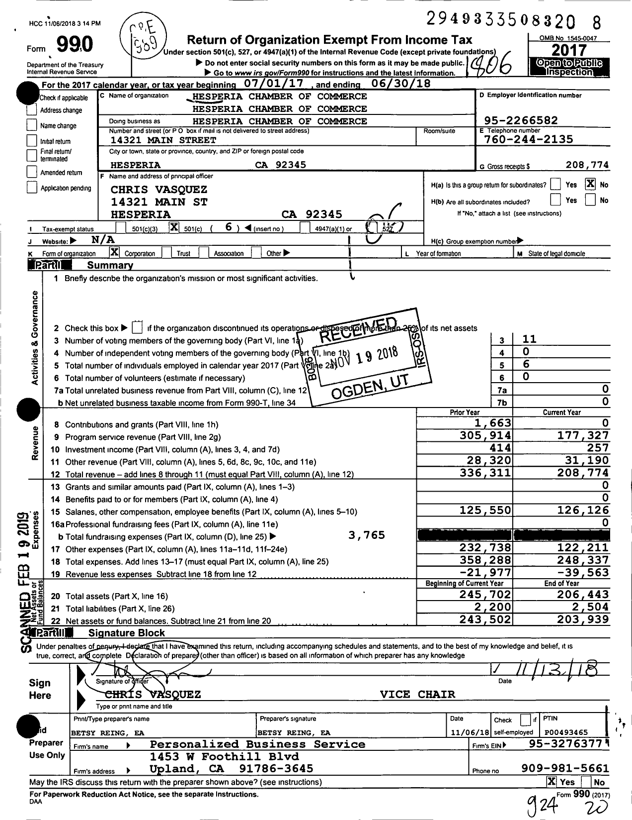 Image of first page of 2017 Form 990O for Hesperia Chamber of Commerce