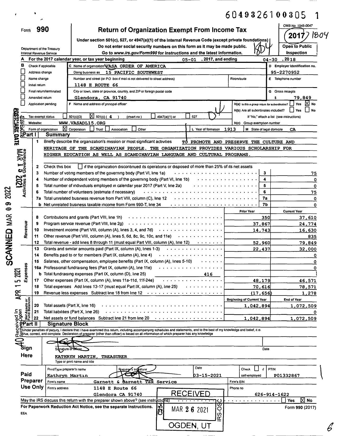 Image of first page of 2017 Form 990O for Vasa Order of America - 15 Pacific Southwest