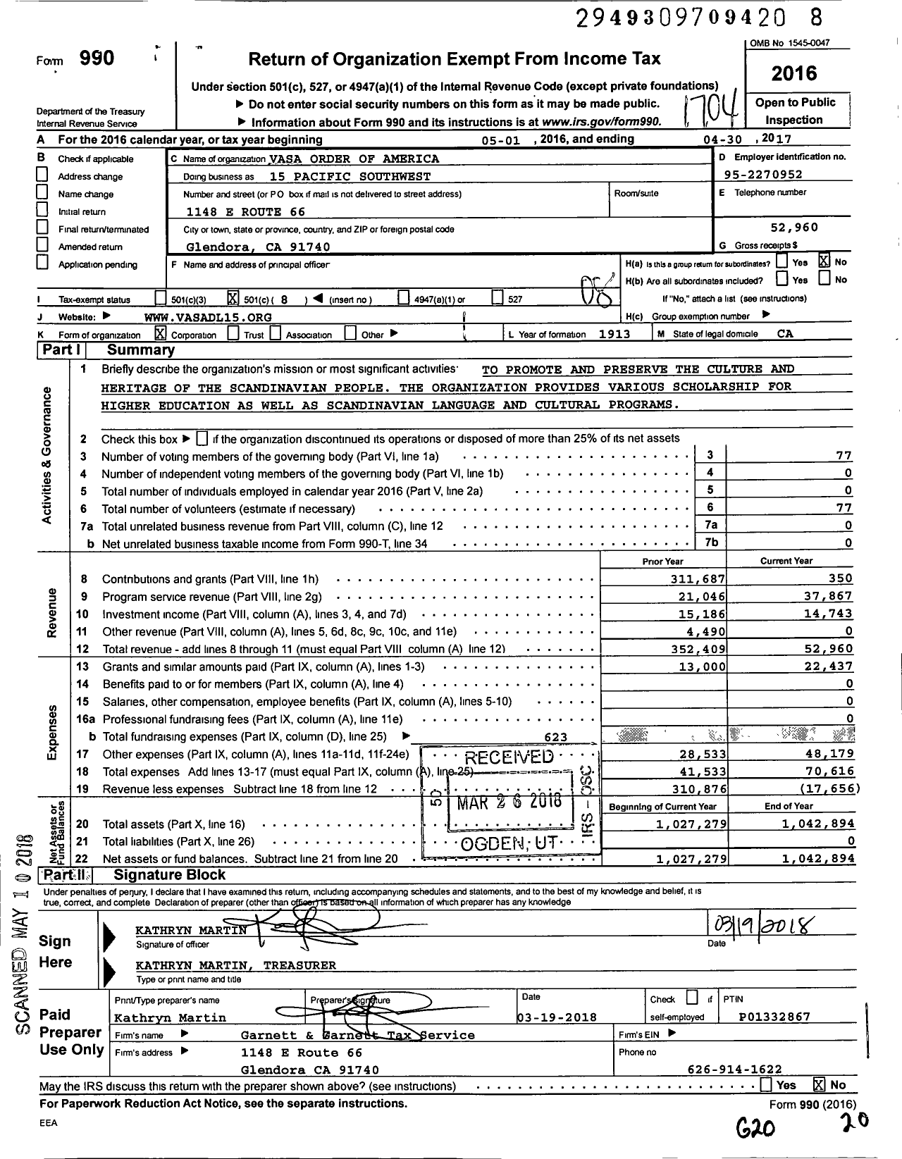 Image of first page of 2016 Form 990O for Vasa Order of America - 15 Pacific Southwest