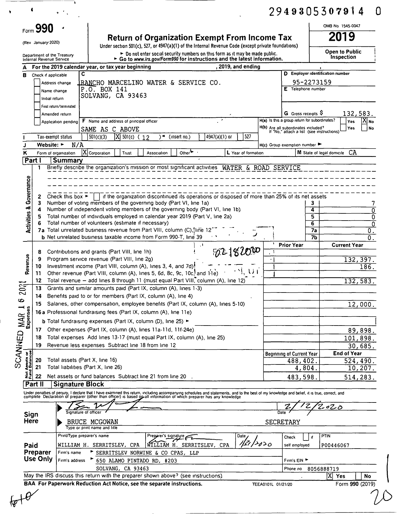 Image of first page of 2019 Form 990O for Rancho Marcelino Water and Service