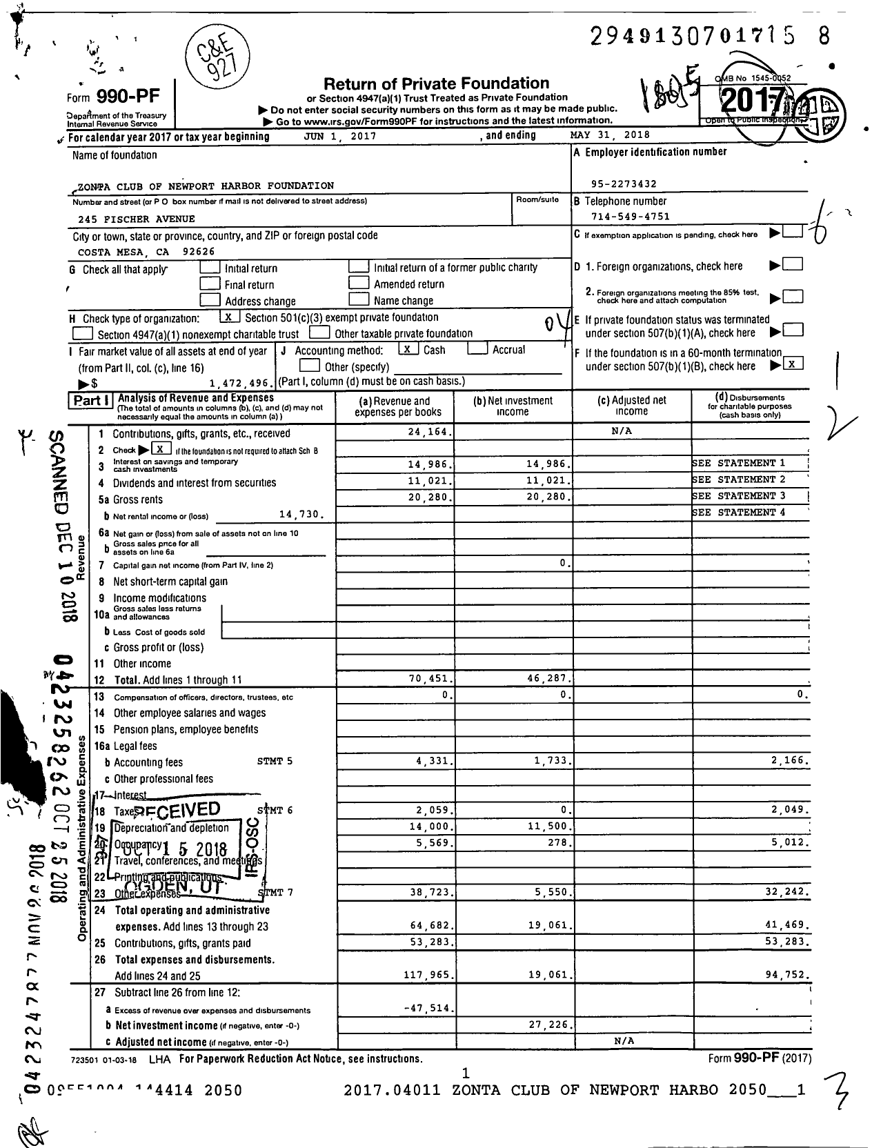 Image of first page of 2017 Form 990PF for Zonta Club of Newport Harbor Foundation