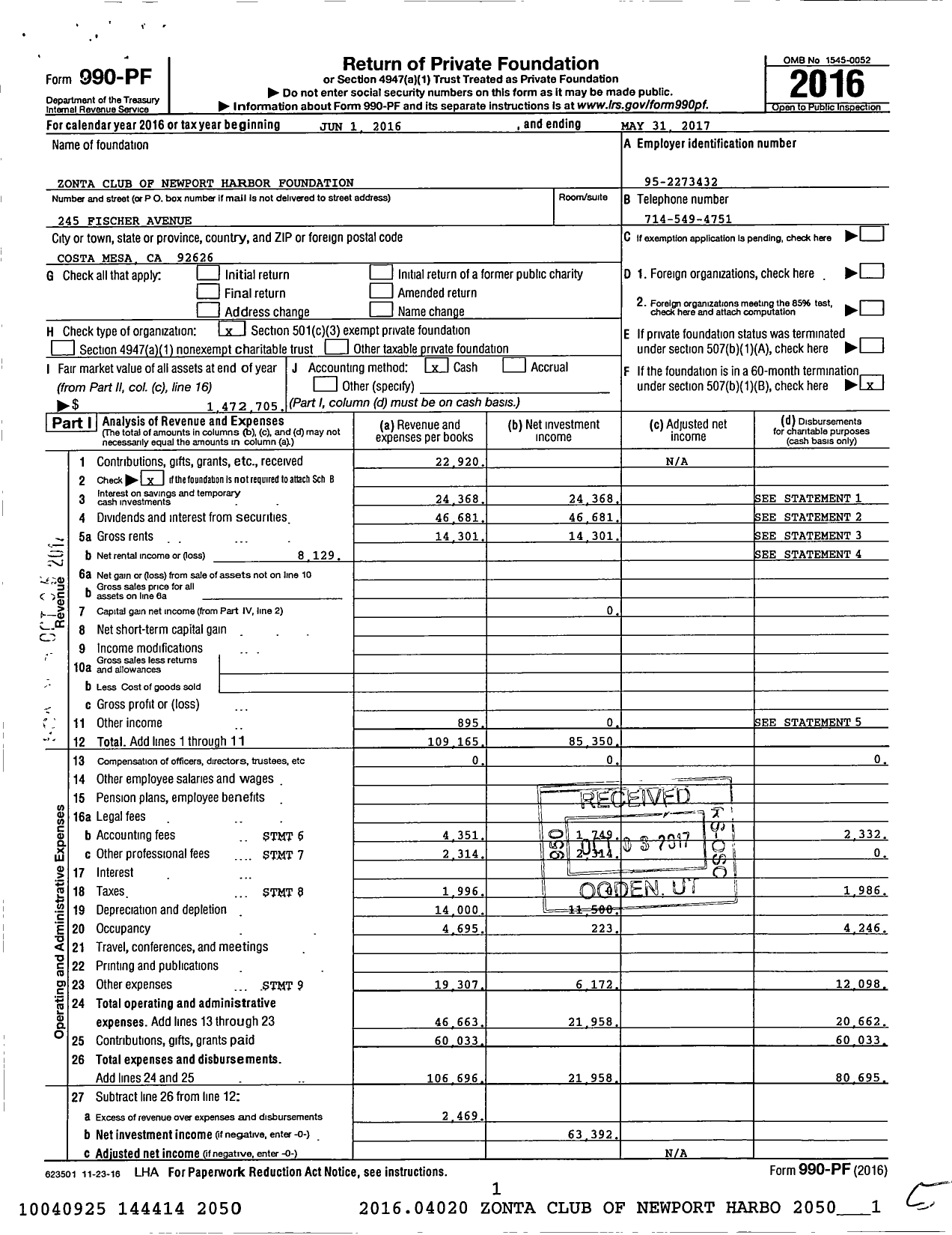 Image of first page of 2016 Form 990PF for Zonta Club of Newport Harbor Foundation