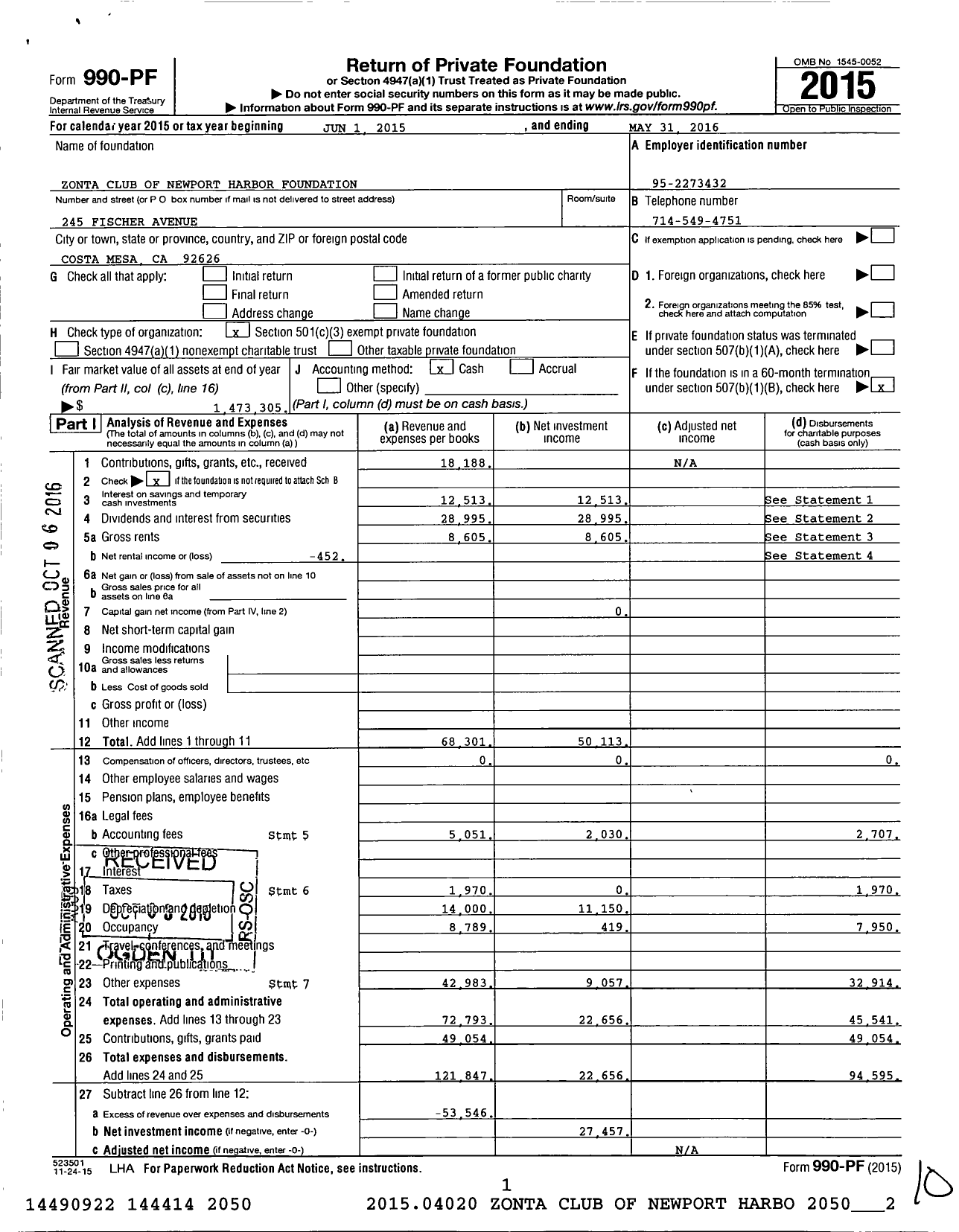 Image of first page of 2015 Form 990PF for Zonta Club of Newport Harbor Foundation