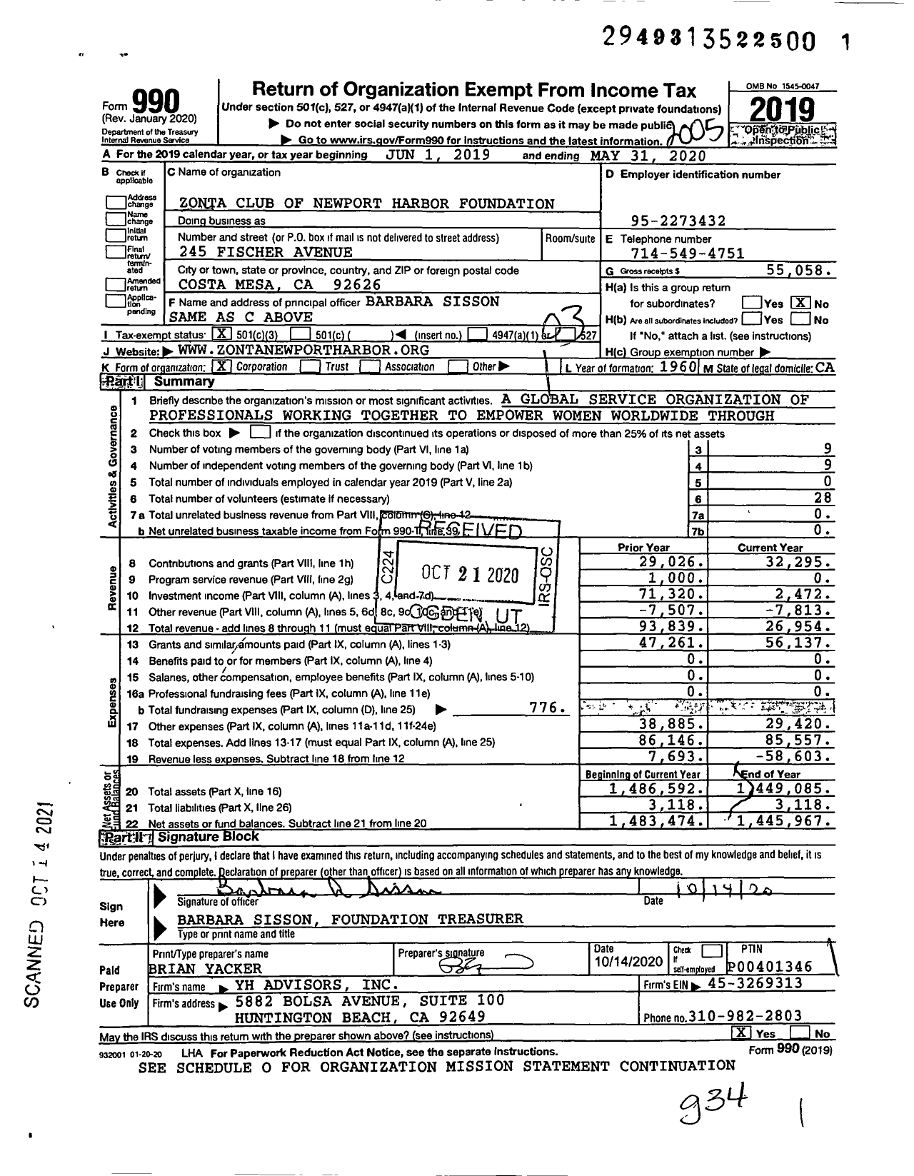 Image of first page of 2019 Form 990 for Zonta Club of Newport Harbor Foundation