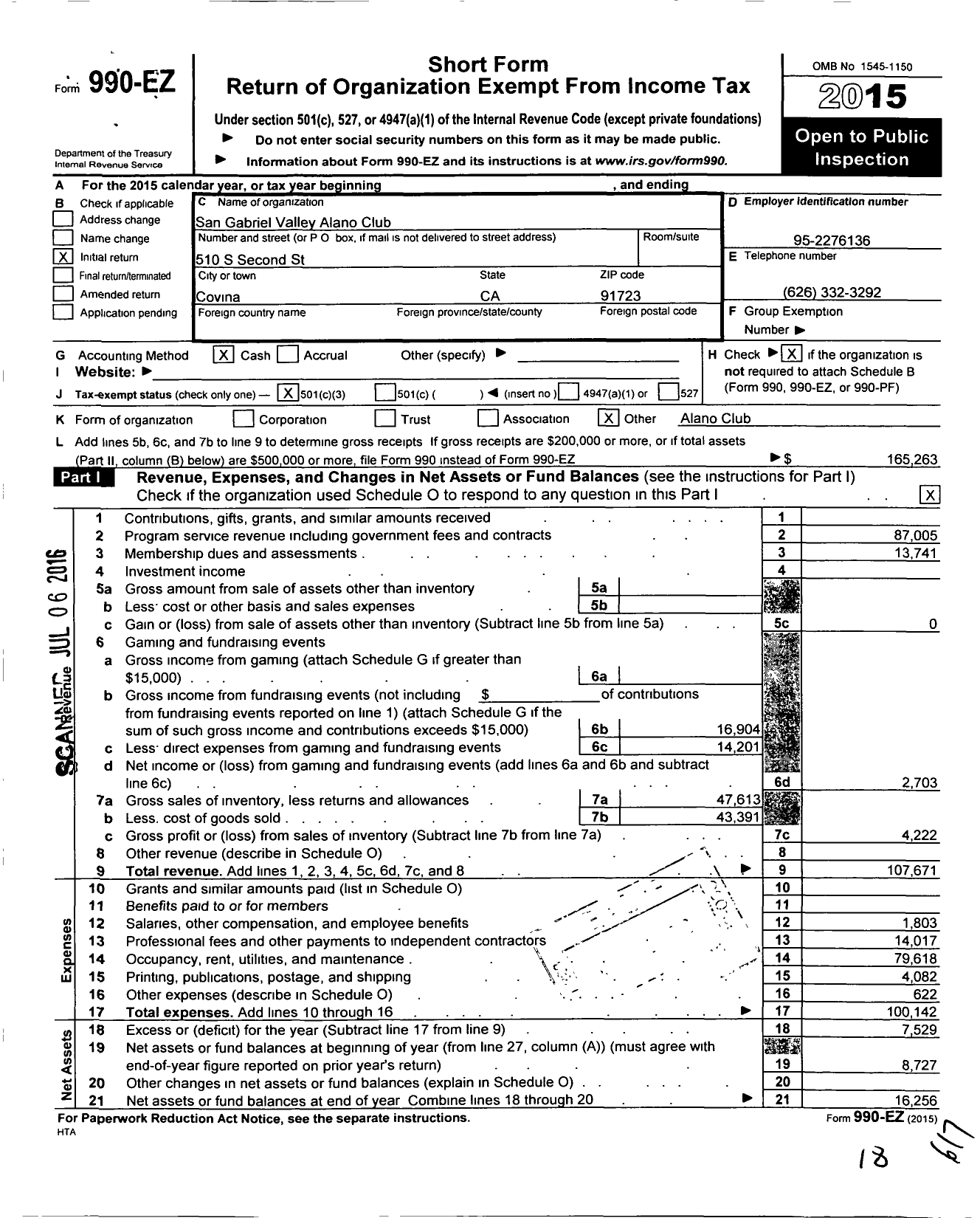 Image of first page of 2015 Form 990EZ for San Gabriel Valley Alano Club