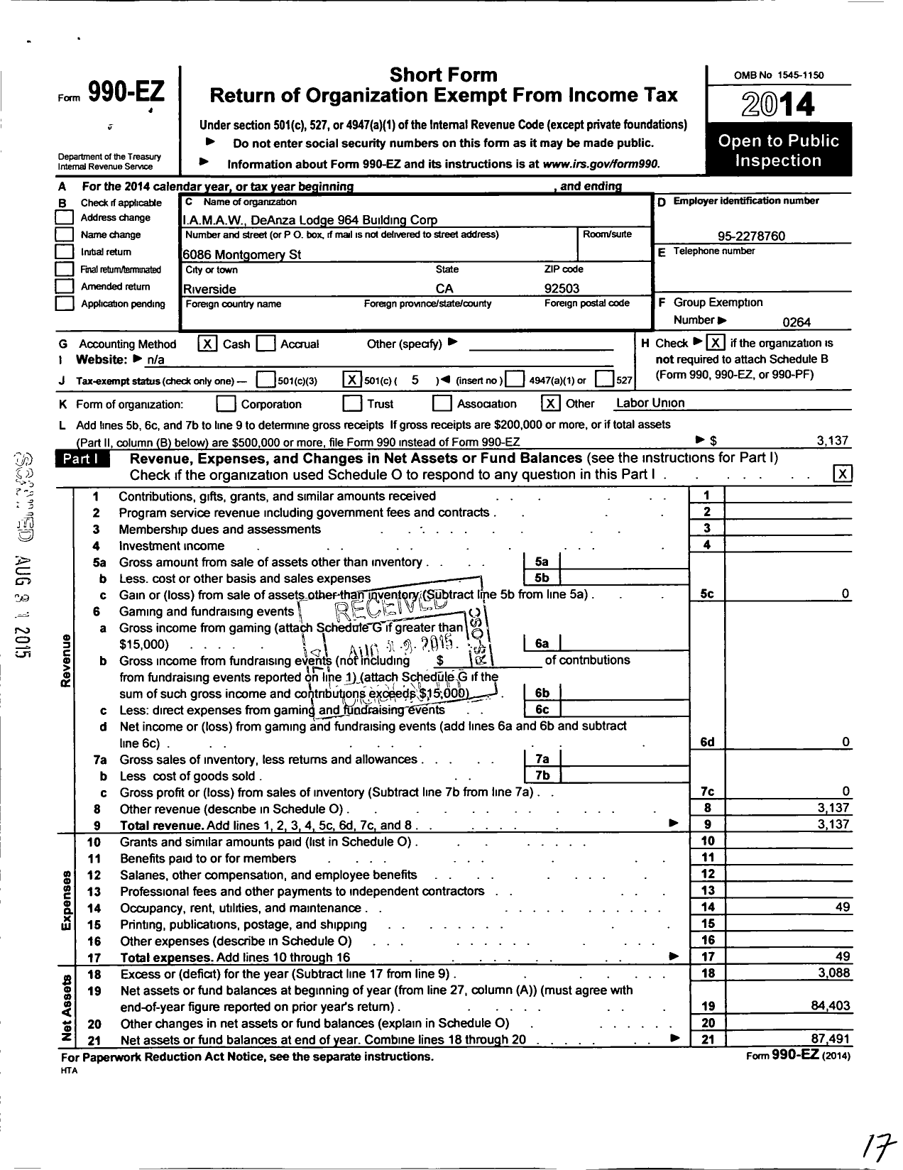 Image of first page of 2014 Form 990EO for International Association of Machinists and Aerospace Workers - 964 Local Building Corporation