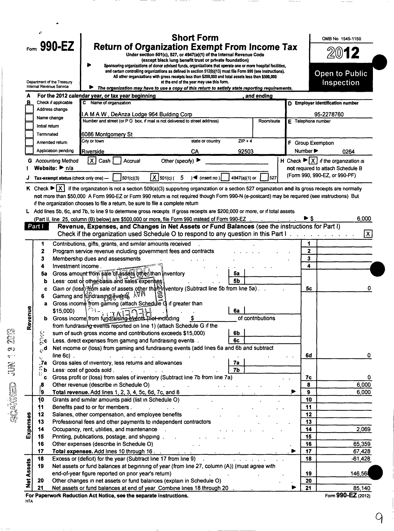 Image of first page of 2012 Form 990EO for International Association of Machinists and Aerospace Workers - 964 Local Building Corporation