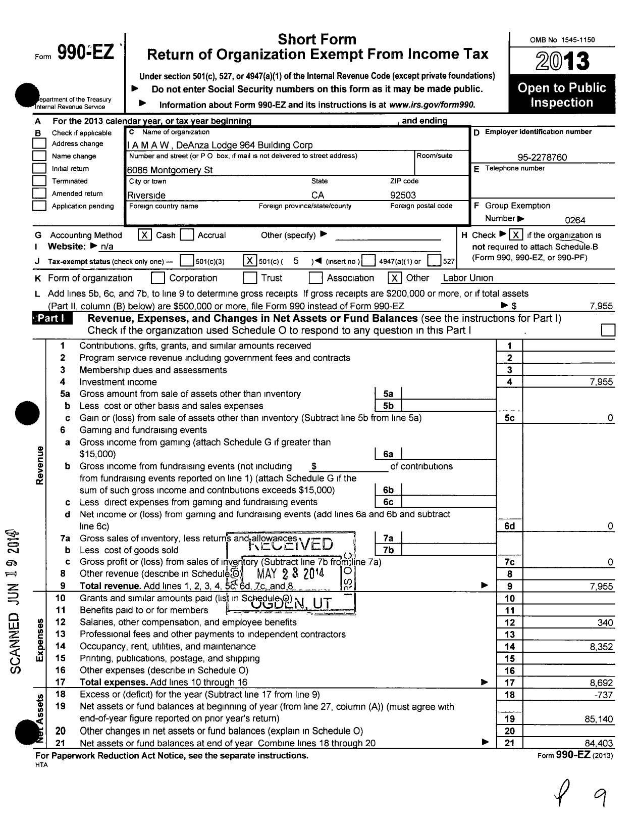 Image of first page of 2013 Form 990EO for International Association of Machinists and Aerospace Workers - 964 Local Building Corporation