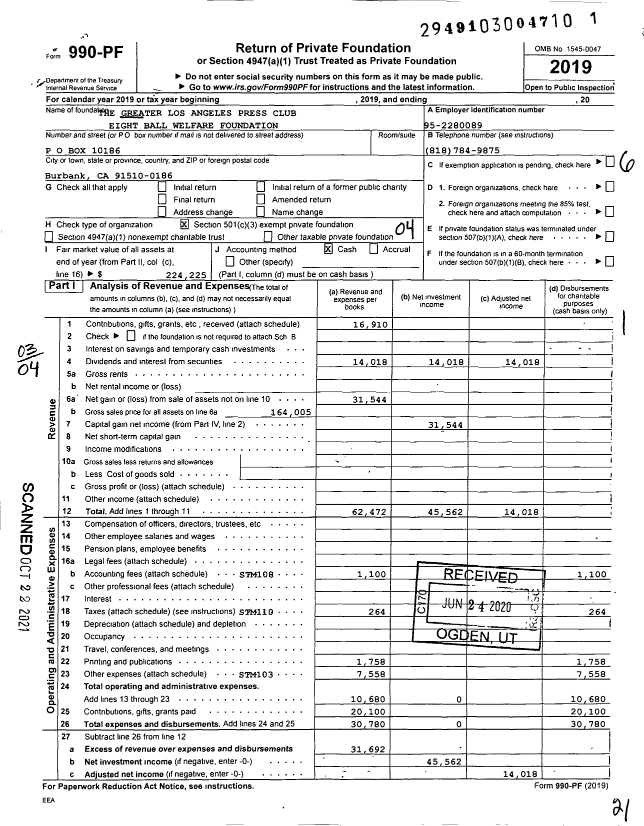 Image of first page of 2019 Form 990PF for 8 Ball Emergency Fund for Journalists