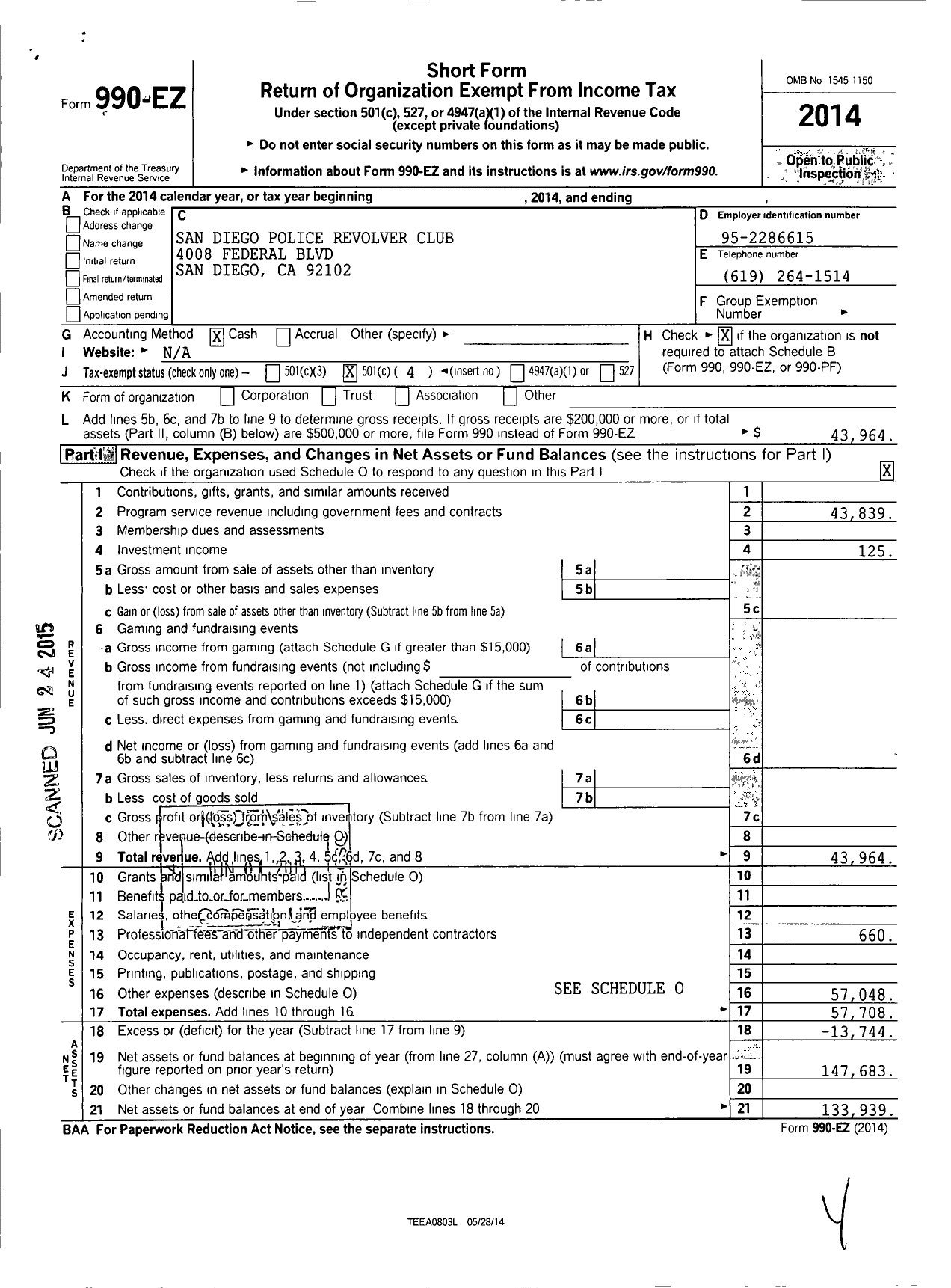 Image of first page of 2014 Form 990EO for San Diego Police Revolver Club