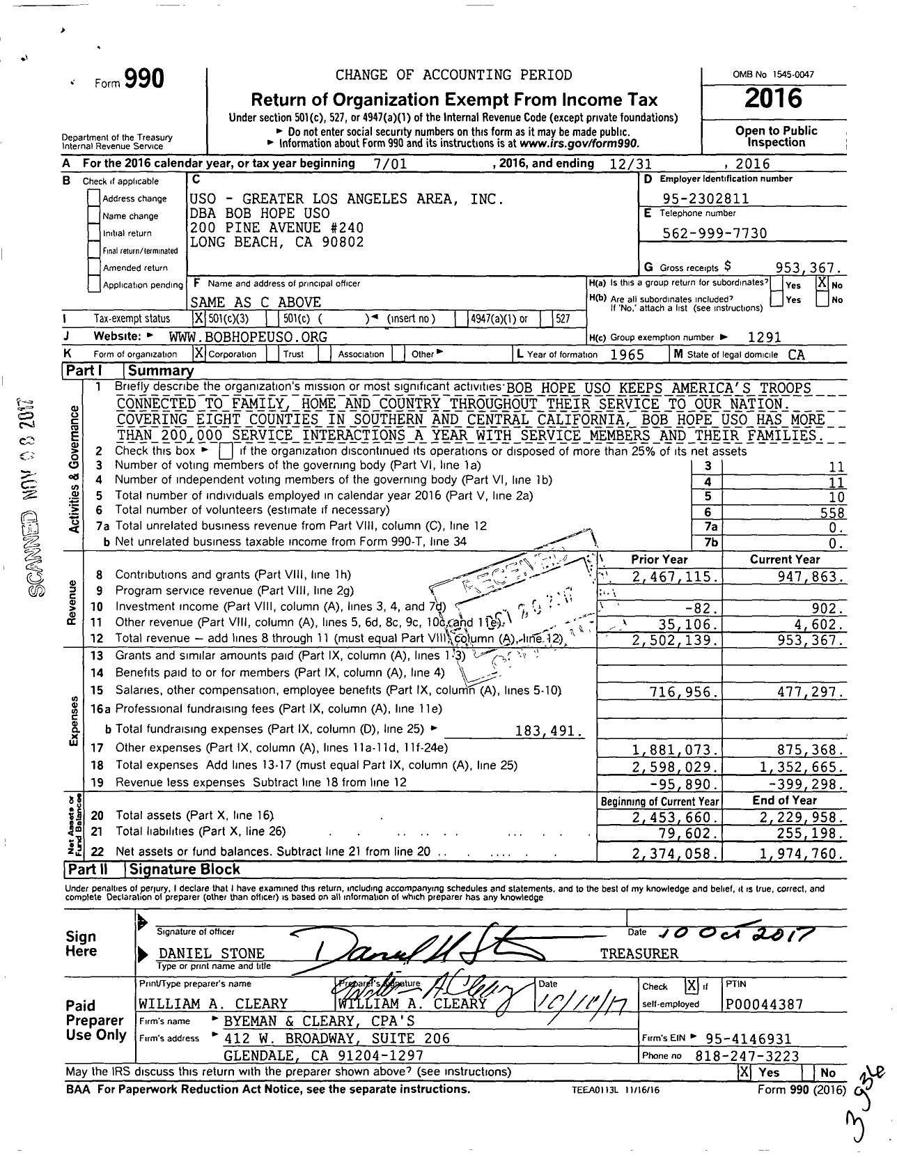 Image of first page of 2016 Form 990 for Bob Hope Uso