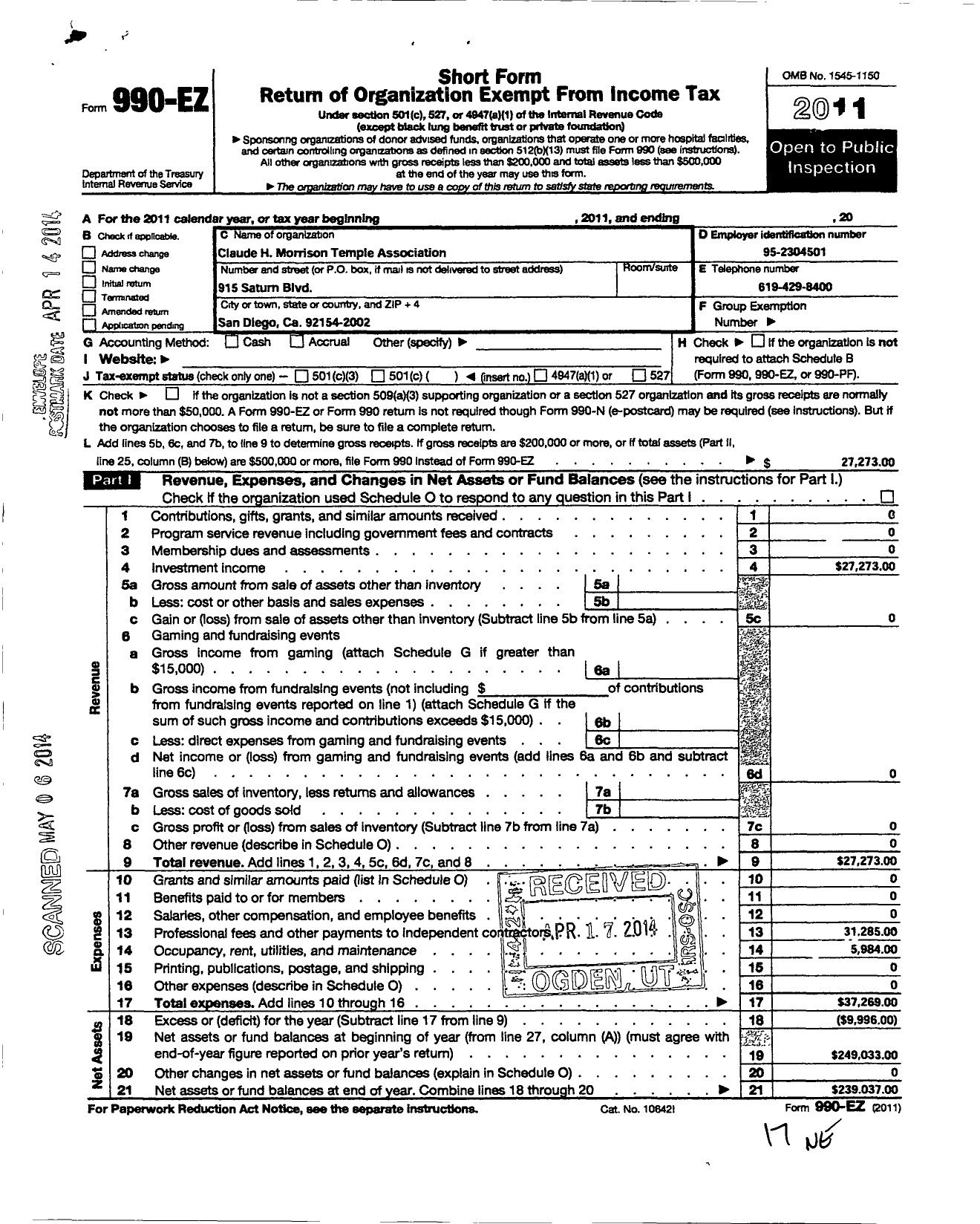 Image of first page of 2011 Form 990EO for Claude H Morrison Temple Association