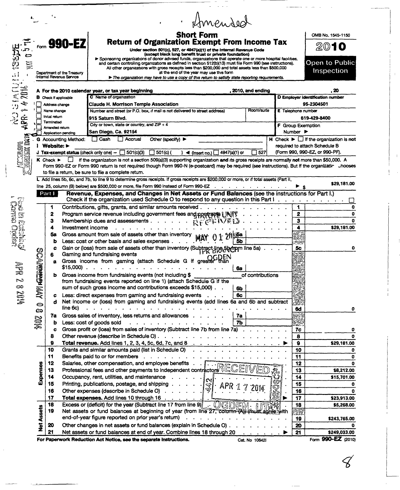 Image of first page of 2010 Form 990EO for Claude H Morrison Temple Association