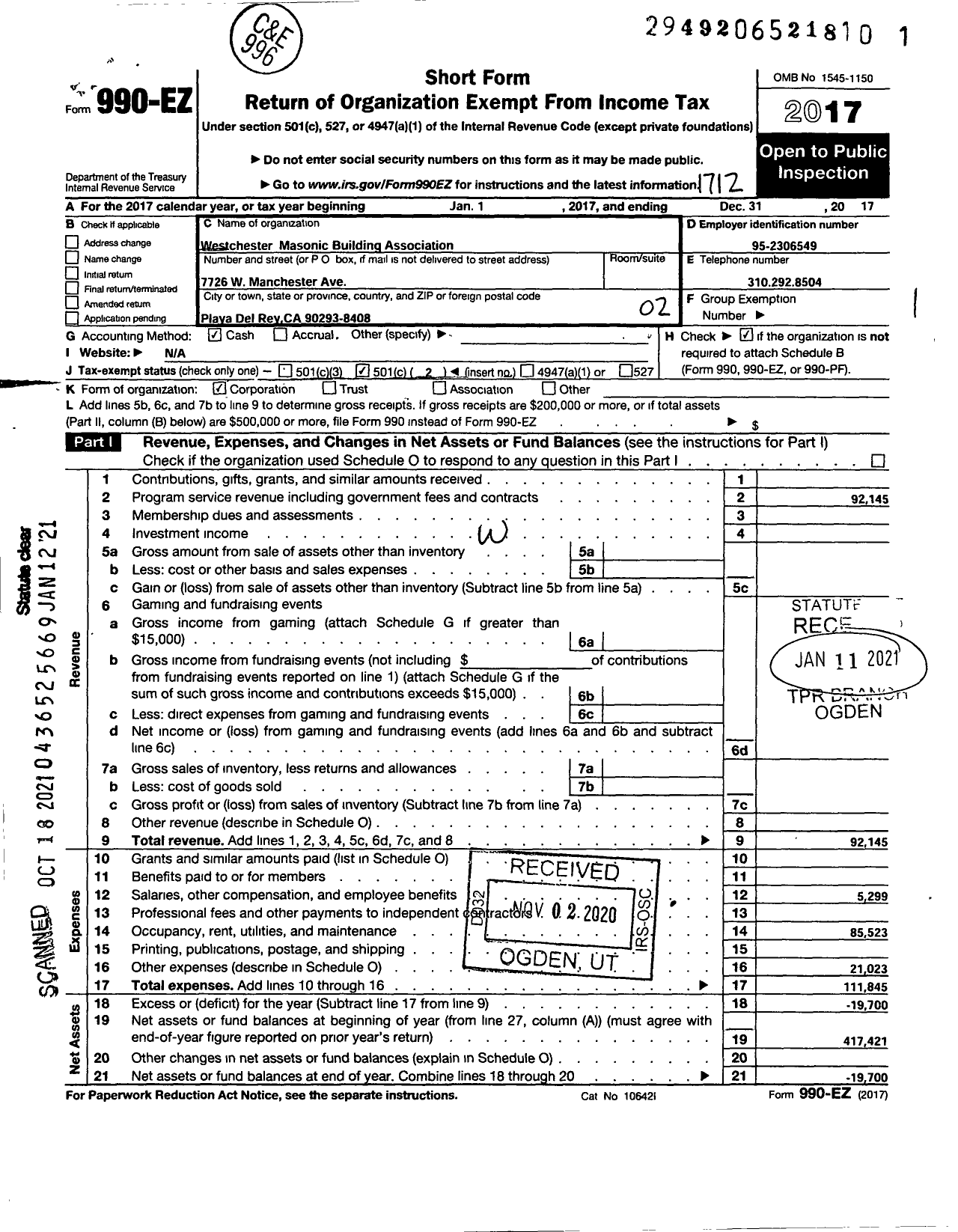 Image of first page of 2017 Form 990EO for Westchester Masonic Building Association