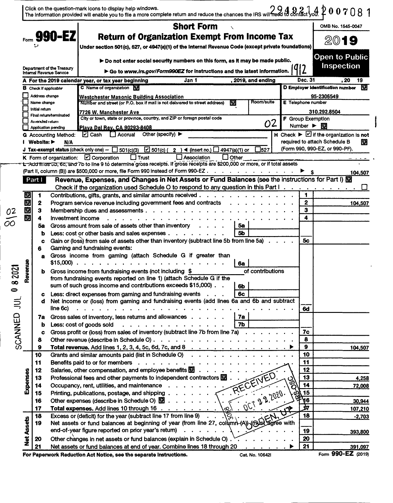 Image of first page of 2019 Form 990EO for Westchester Masonic Building Association