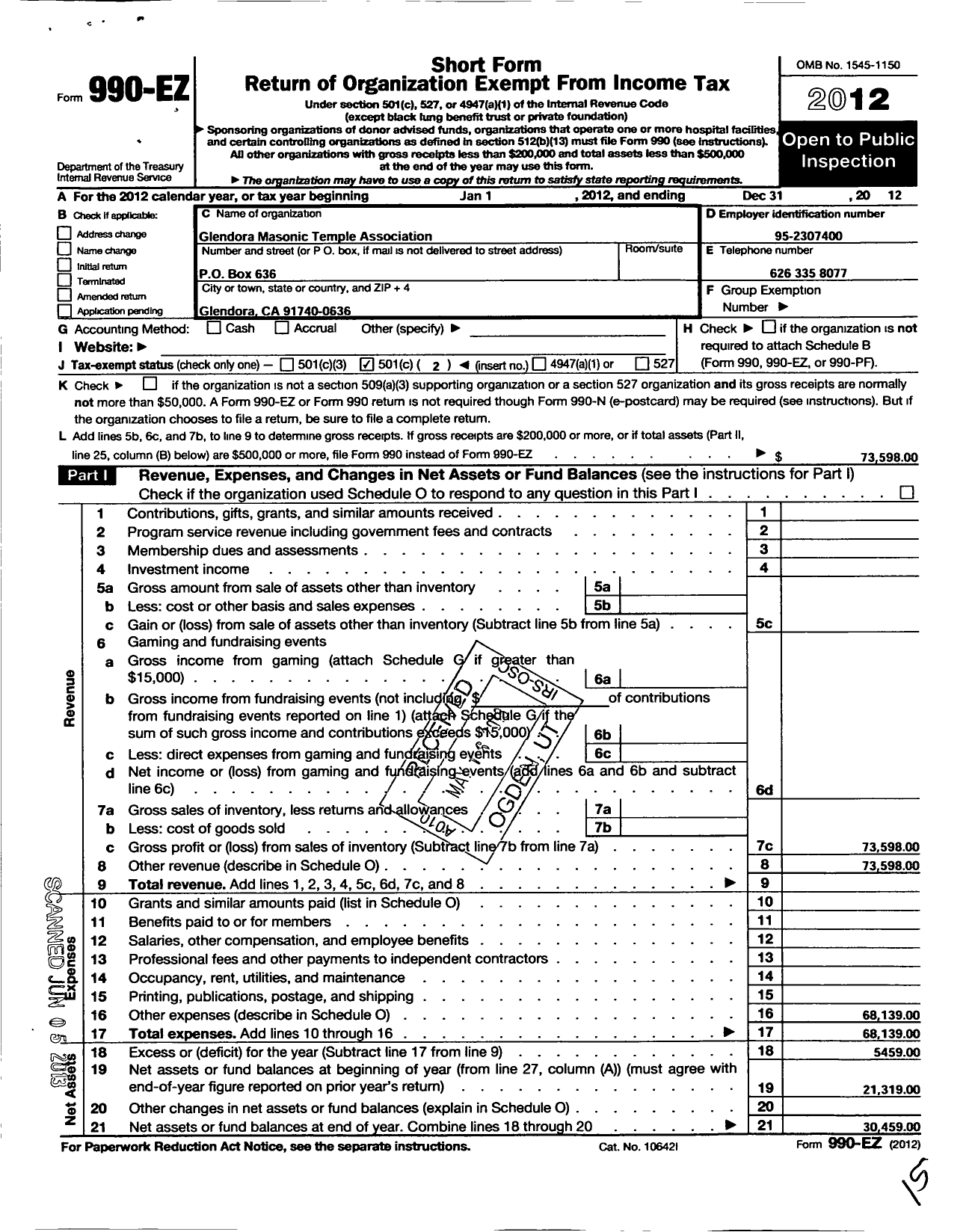 Image of first page of 2012 Form 990EO for Masons of California - 404 Glendora Lodge