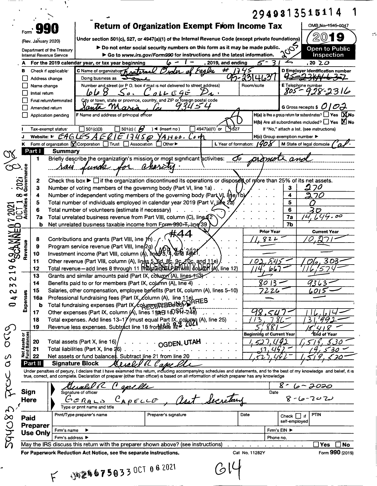 Image of first page of 2019 Form 990O for Fraternal Order of Eagles - 1745 Santa Maria Aerie