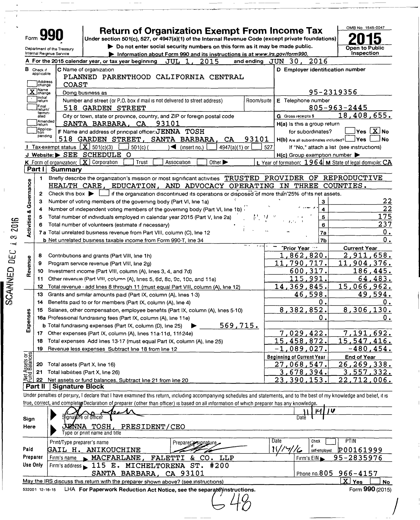 Image of first page of 2015 Form 990 for Planned Parenthood California Central Coast