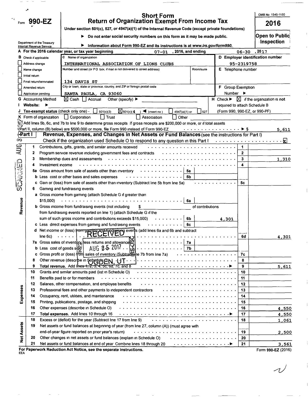 Image of first page of 2016 Form 990EO for Lions Clubs - 2421 Santa Paula