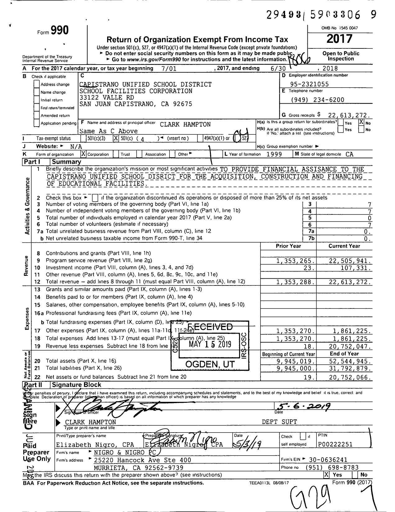 Image of first page of 2017 Form 990O for Capistrano Unified School District School Facilities Corporation