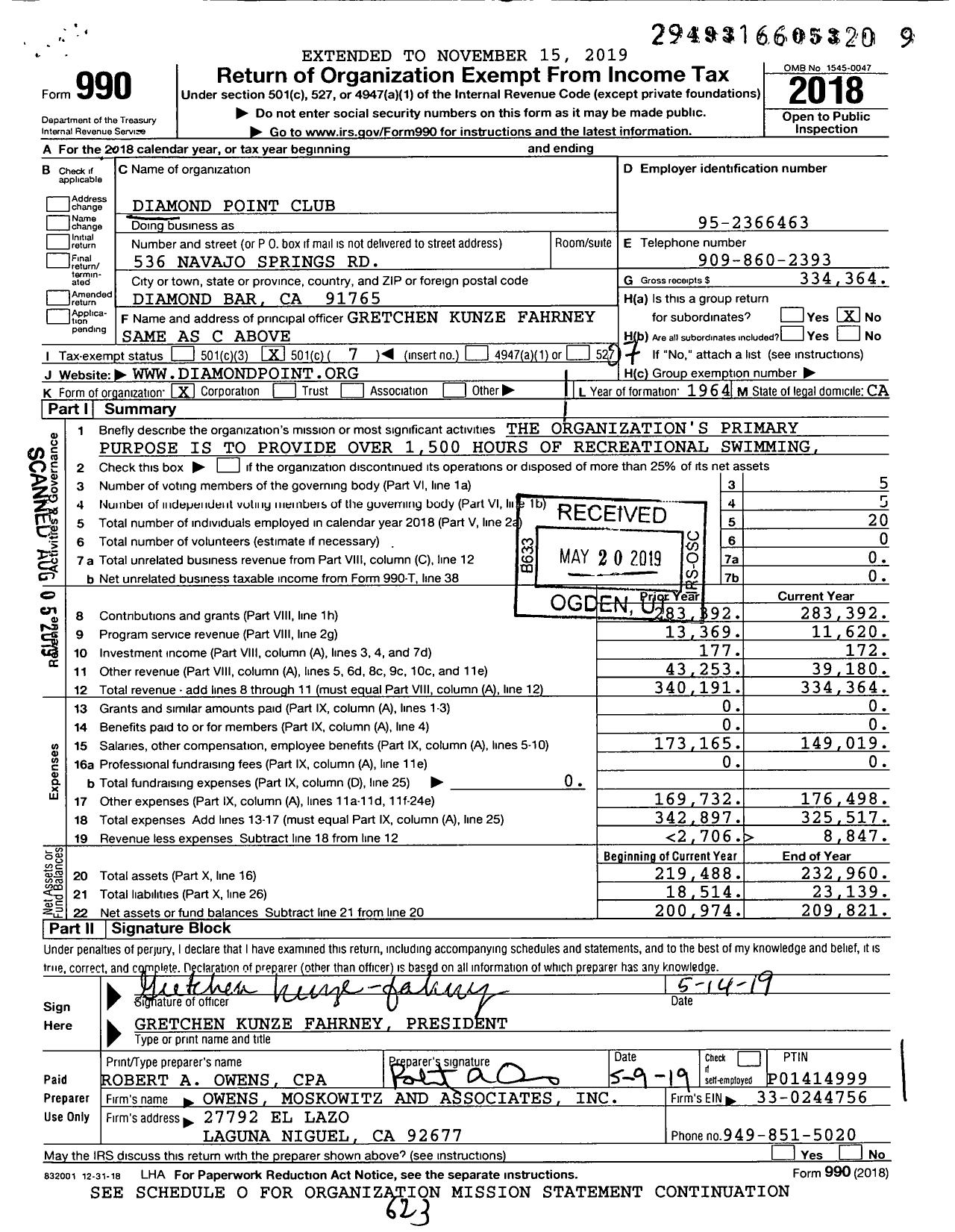 Image of first page of 2018 Form 990O for Diamond Point Club