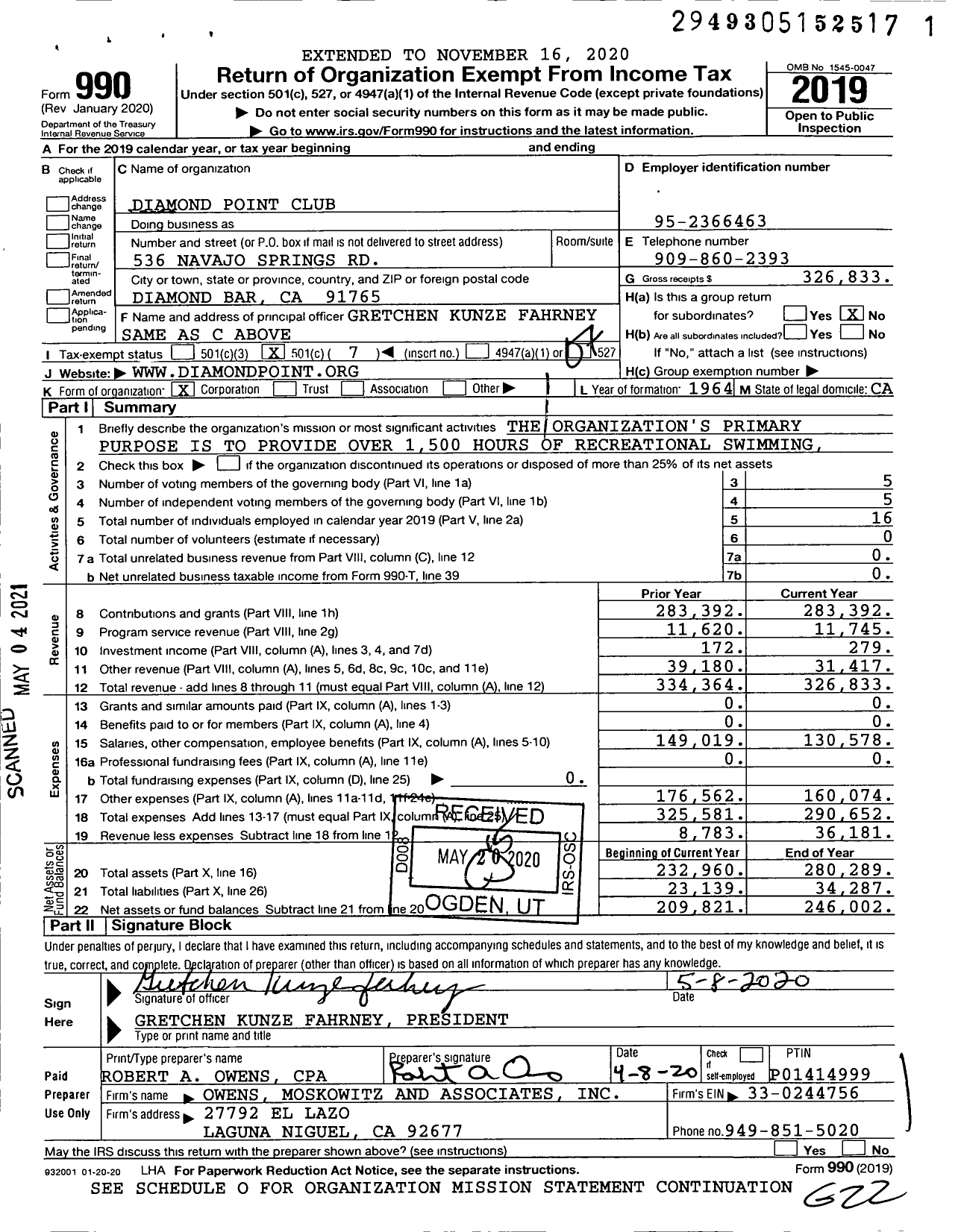 Image of first page of 2019 Form 990O for Diamond Point Club