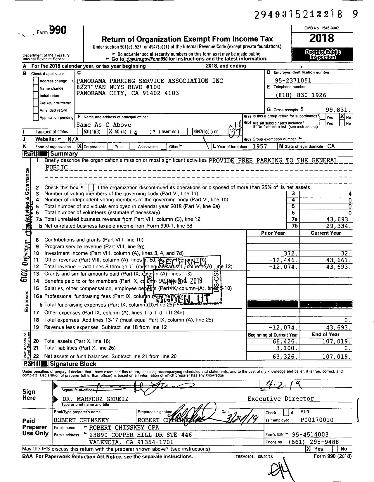 Image of first page of 2018 Form 990O for Panorama Parking Service Association