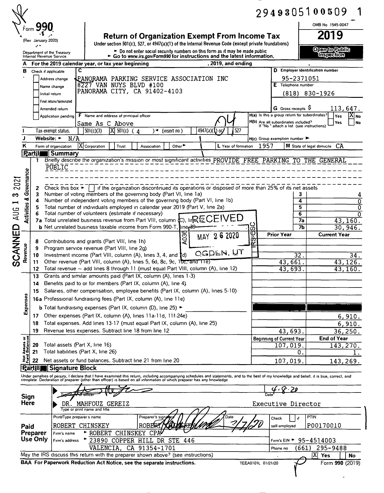 Image of first page of 2019 Form 990O for Panorama Parking Service Association